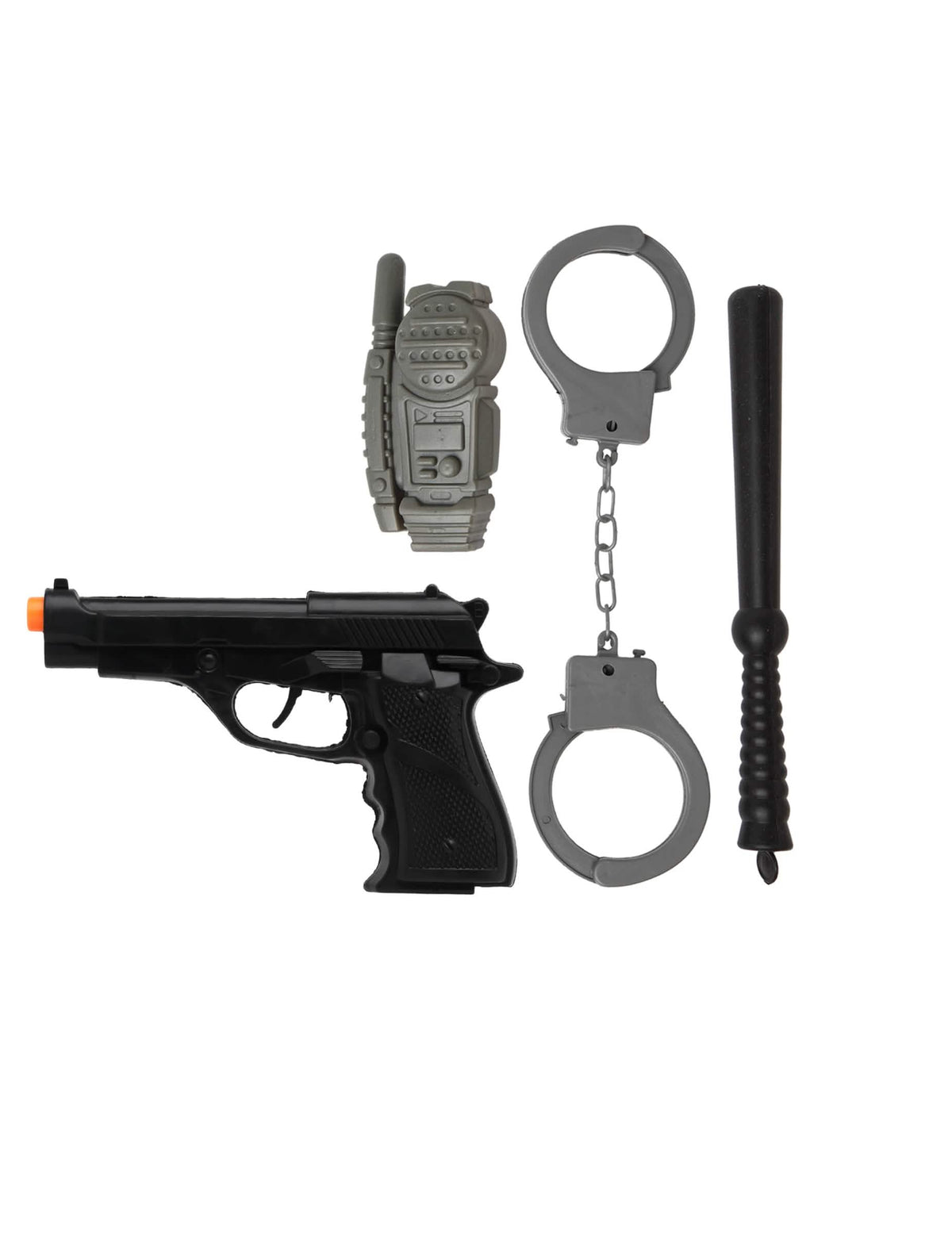 Detaliu al pistolului, walkie-talkie, cătușe și bastonul din kitul de accesorii de polițist