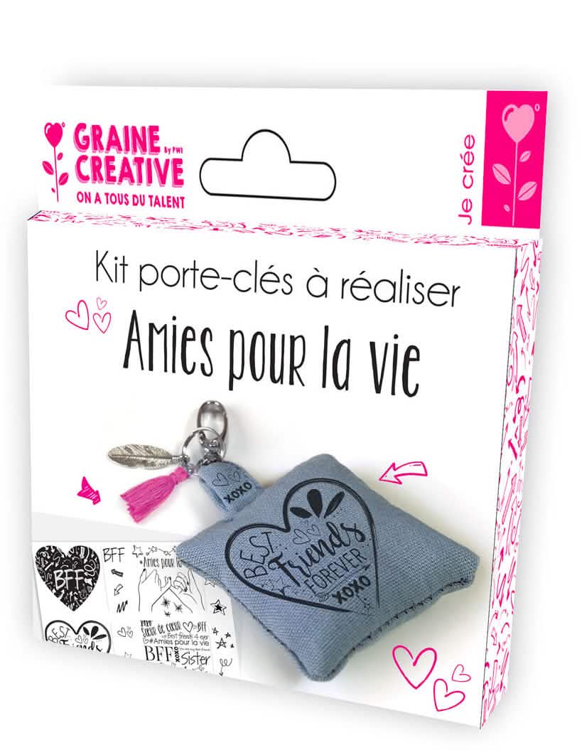 Kit porte-clef à réaliser amies pour la vie pour enfant coussin gris à customiser et pompon rose