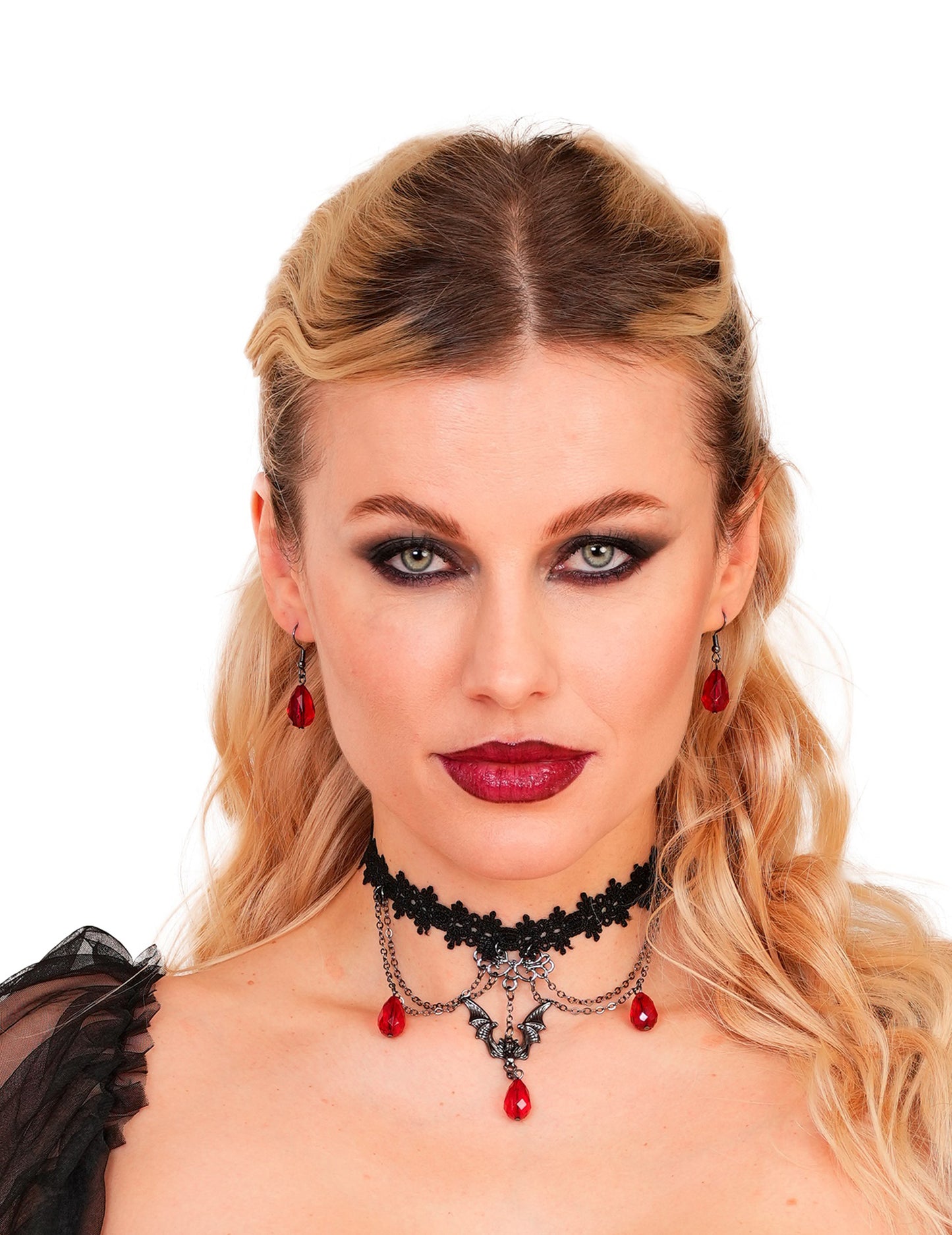 Kit ras de cou et boucles d'oreilles gothique rouge et noir