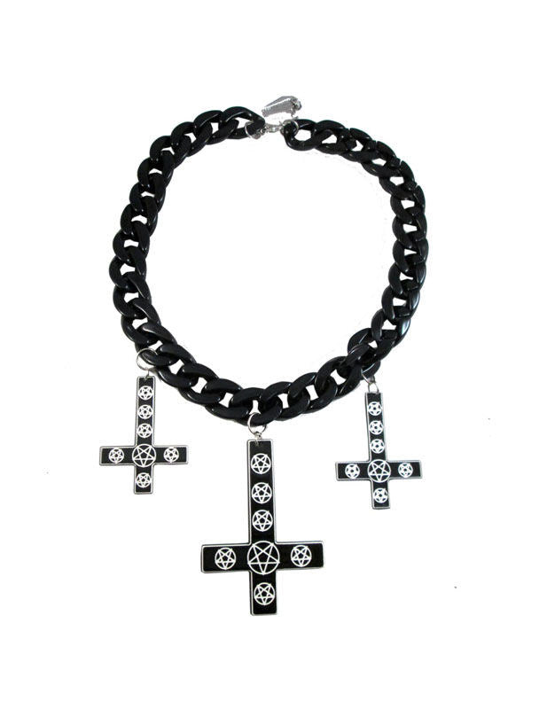 Colier negru gotic cu 3 cruci
