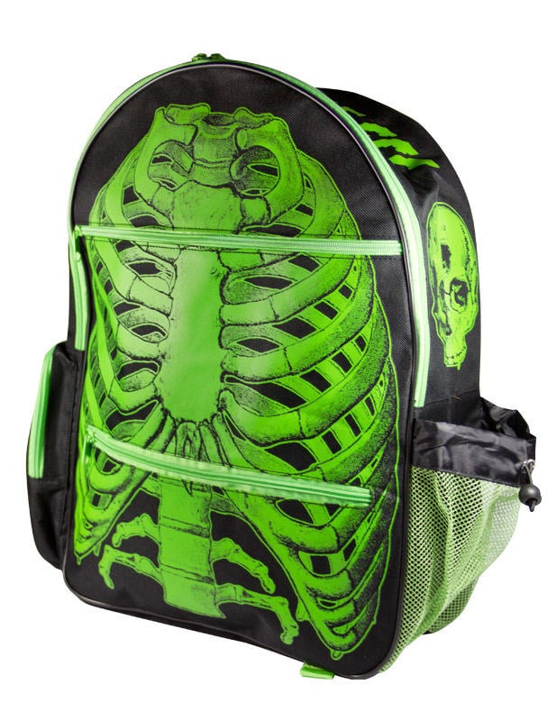 Sac à dos squelette vert et noir avec motif de cage thoracique et crâne