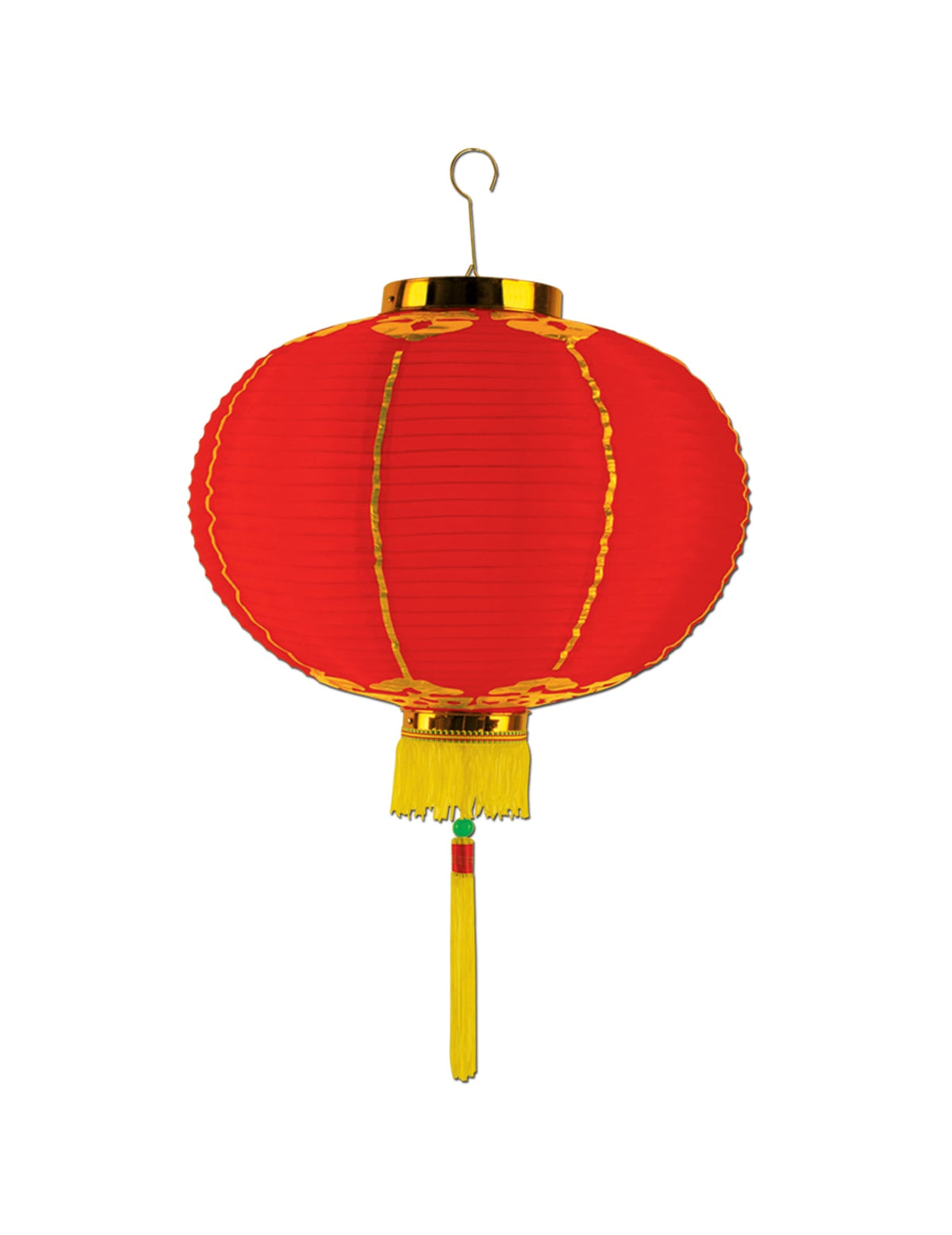 Lanternă chinezească pentru decor roșu cu borduri aurii și ciucure galben