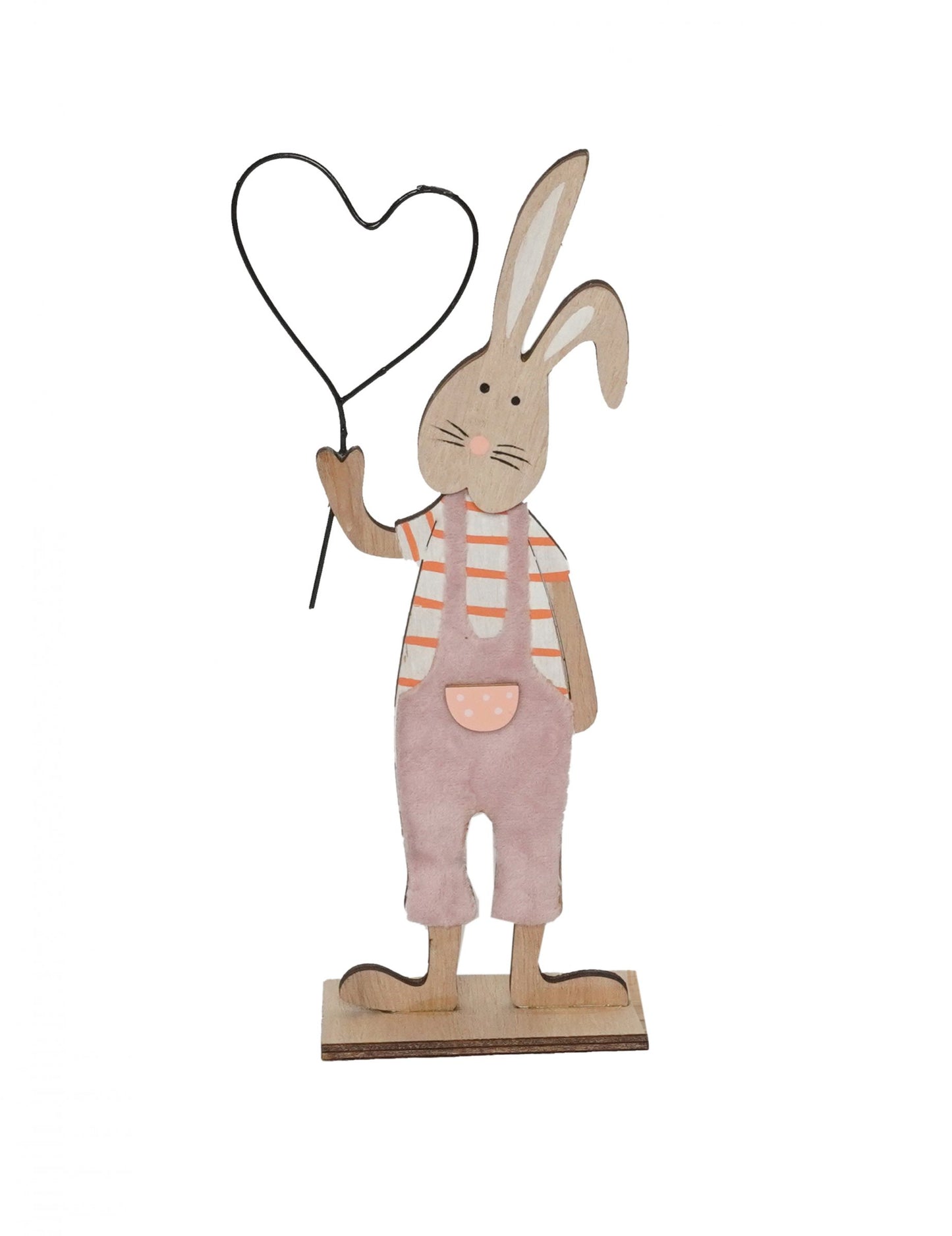 Decorațiune din lemn în formă de iepure cu inimă roz deschis 22 cm pe o bază