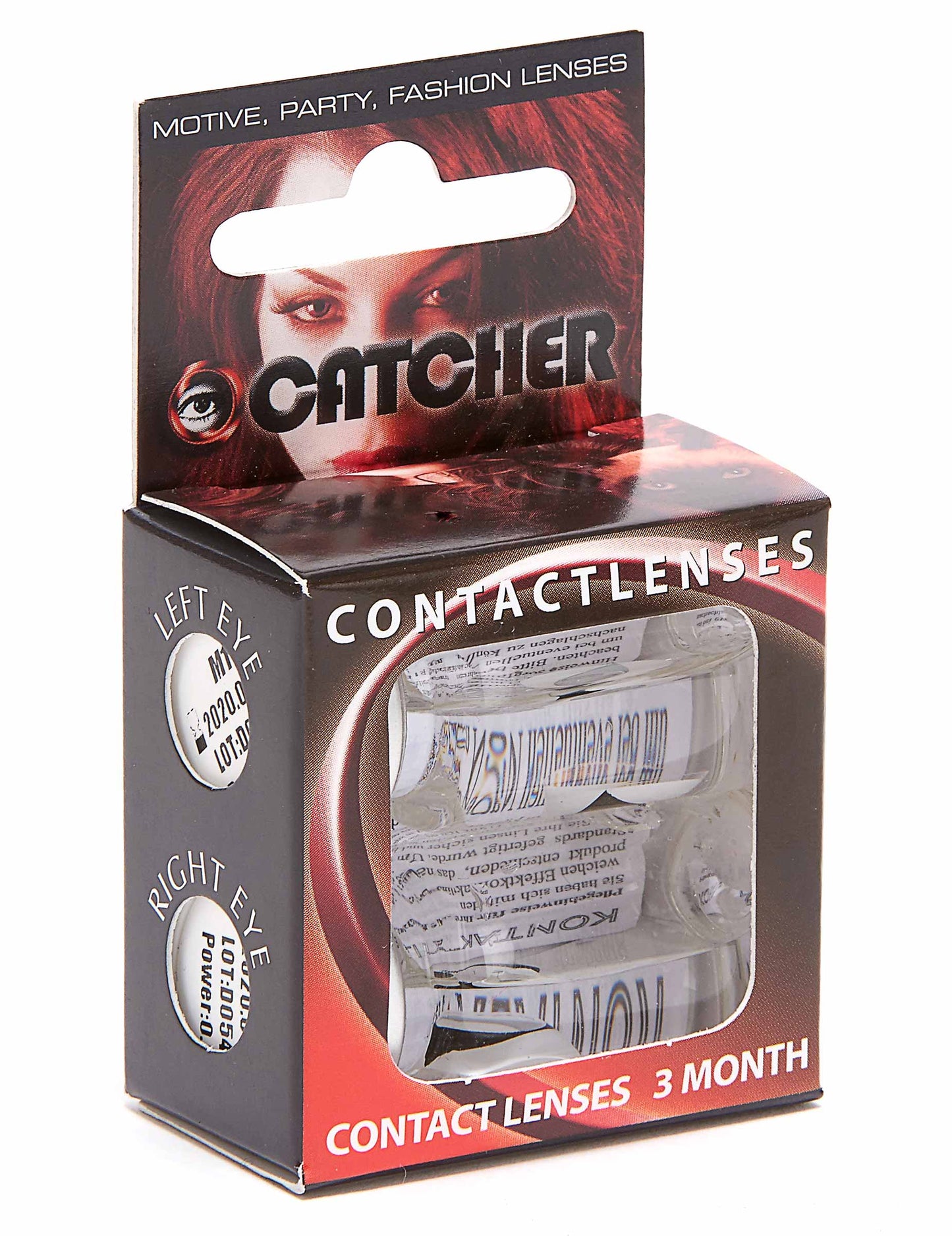 Vue de la boîte d'emballage des lentilles fantaisie œil blanc opaque