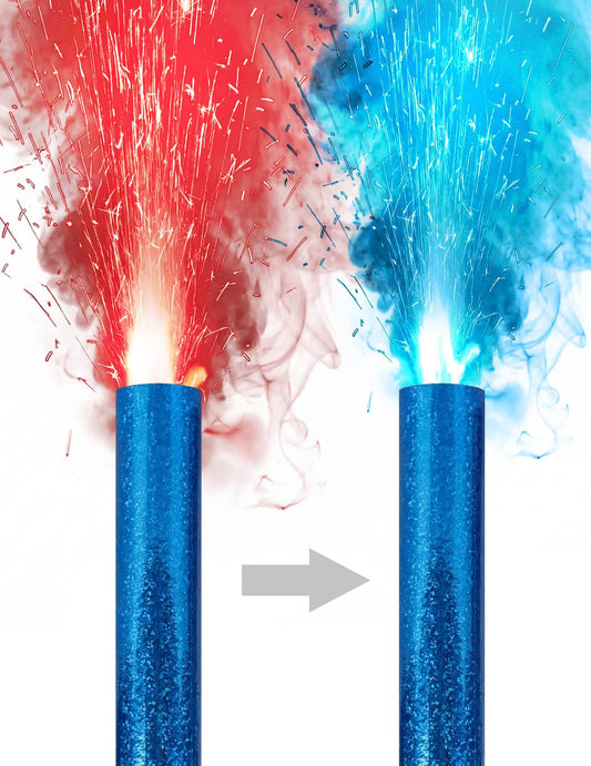 Détail du changement de couleur du rouge au bleu des fontaines scintillantes à changement de couleur bleu et rouge