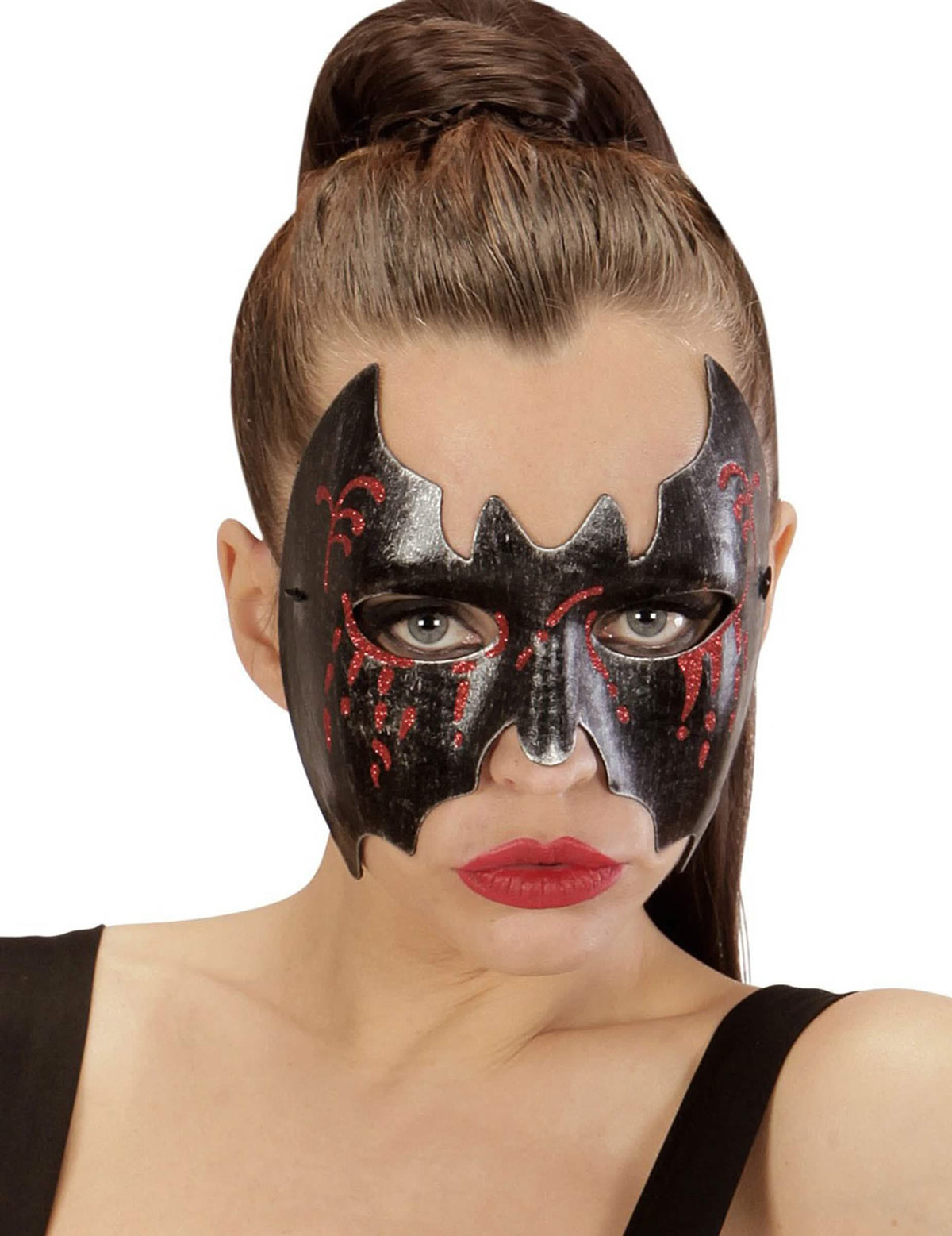 măști de lup de halloween cu liliac însângerat pentru femeie negru și roșu cu sclipici