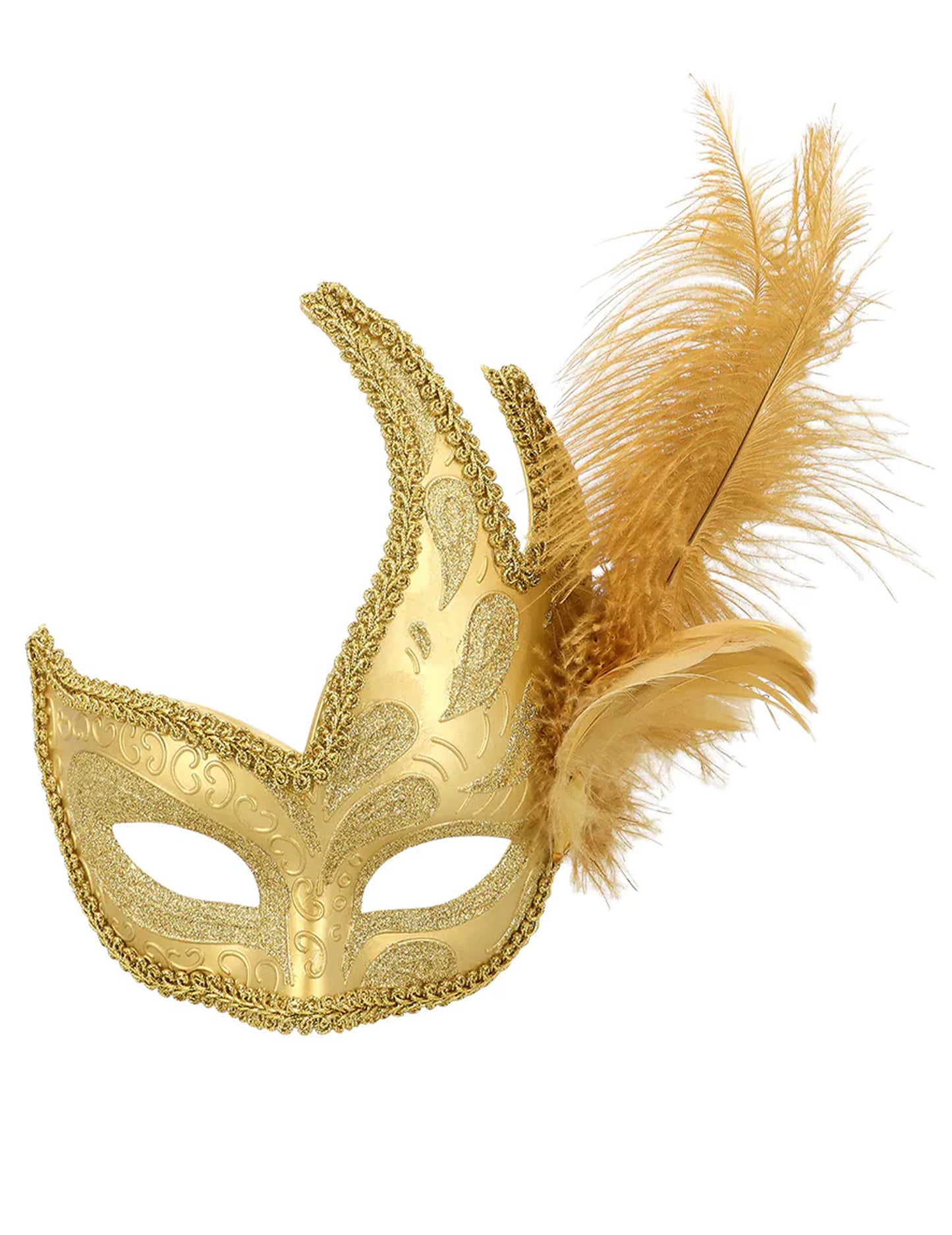 Mască de carnaval aurie cu pene pentru adulți