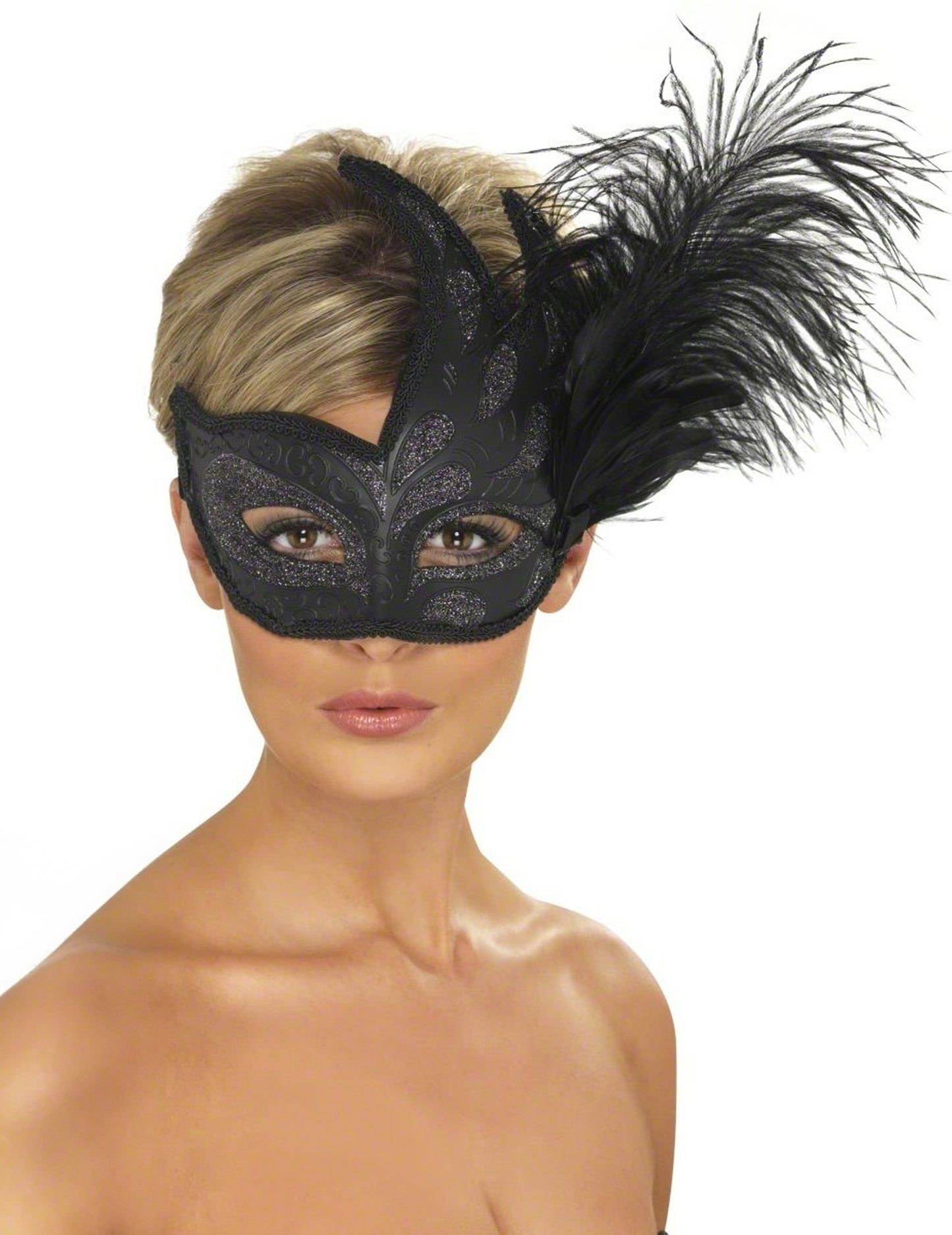 Masca neagră cu sclipici argintiu și pene pentru adult negru