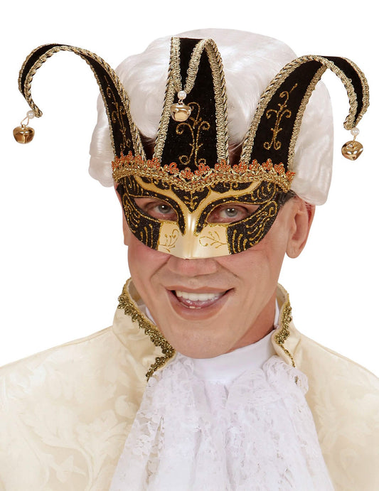 Gros plan du loup vénitien pour adulte noir et or à grelots