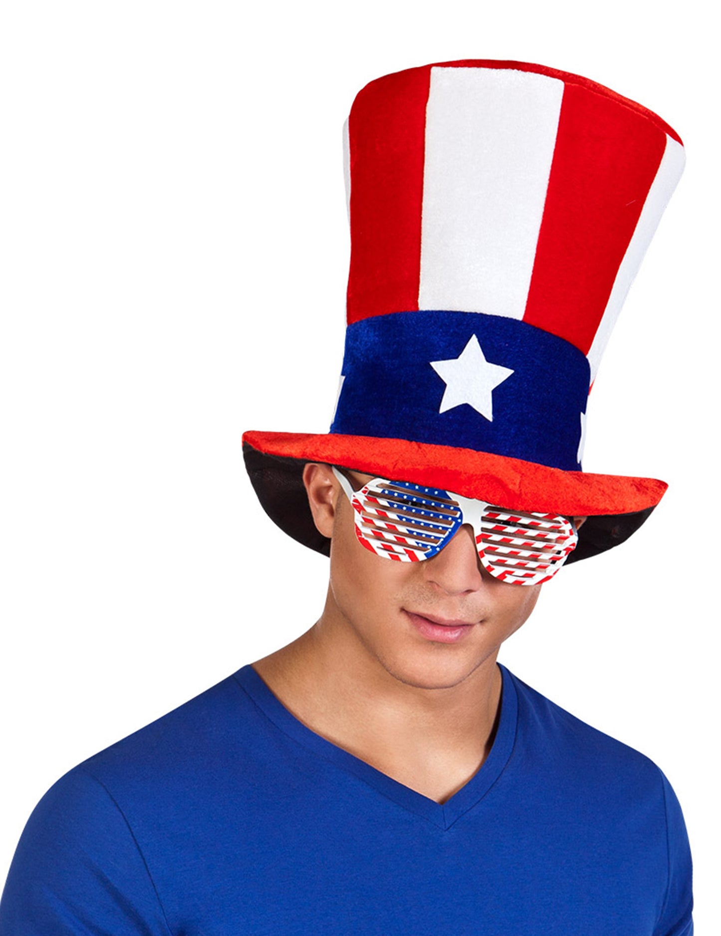 Vue de trois-quarts des lunettes drapeau USA pour adulte avec chapeau haut de forme