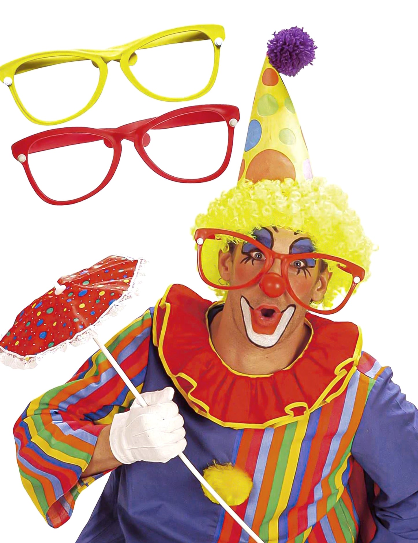 Ochelari de clown uriași pentru adulți roșii și galbeni