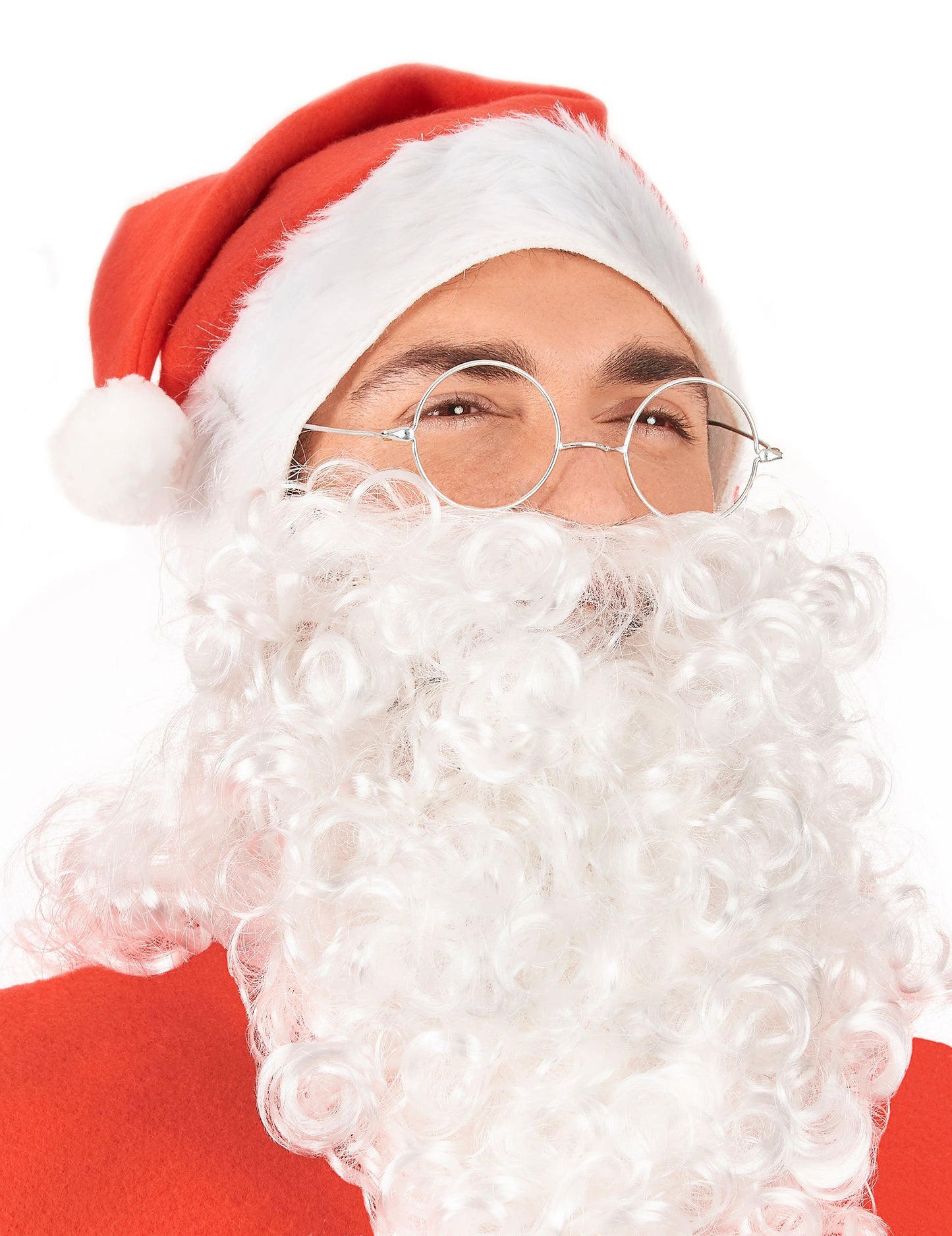 Prim-plan pe ochelarii rotunzi Moș Crăciun pentru adulți