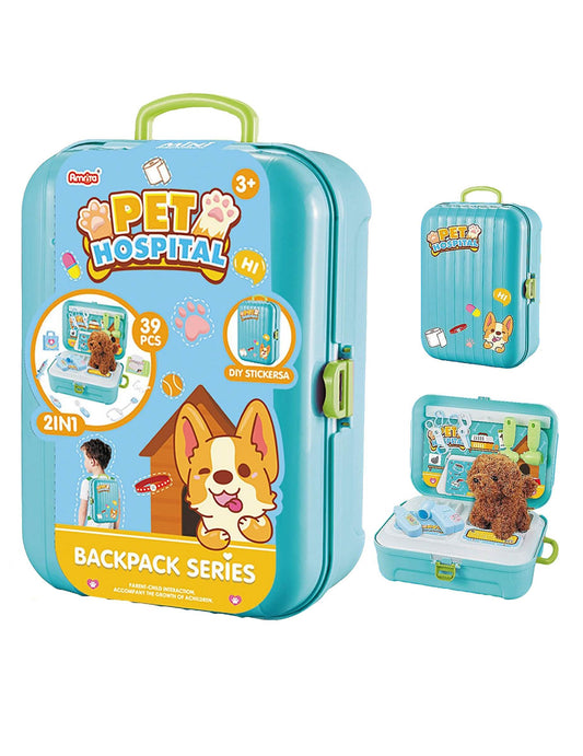 Vues du sac à dos fermé et ouvert du kit de jeu vétérinaire