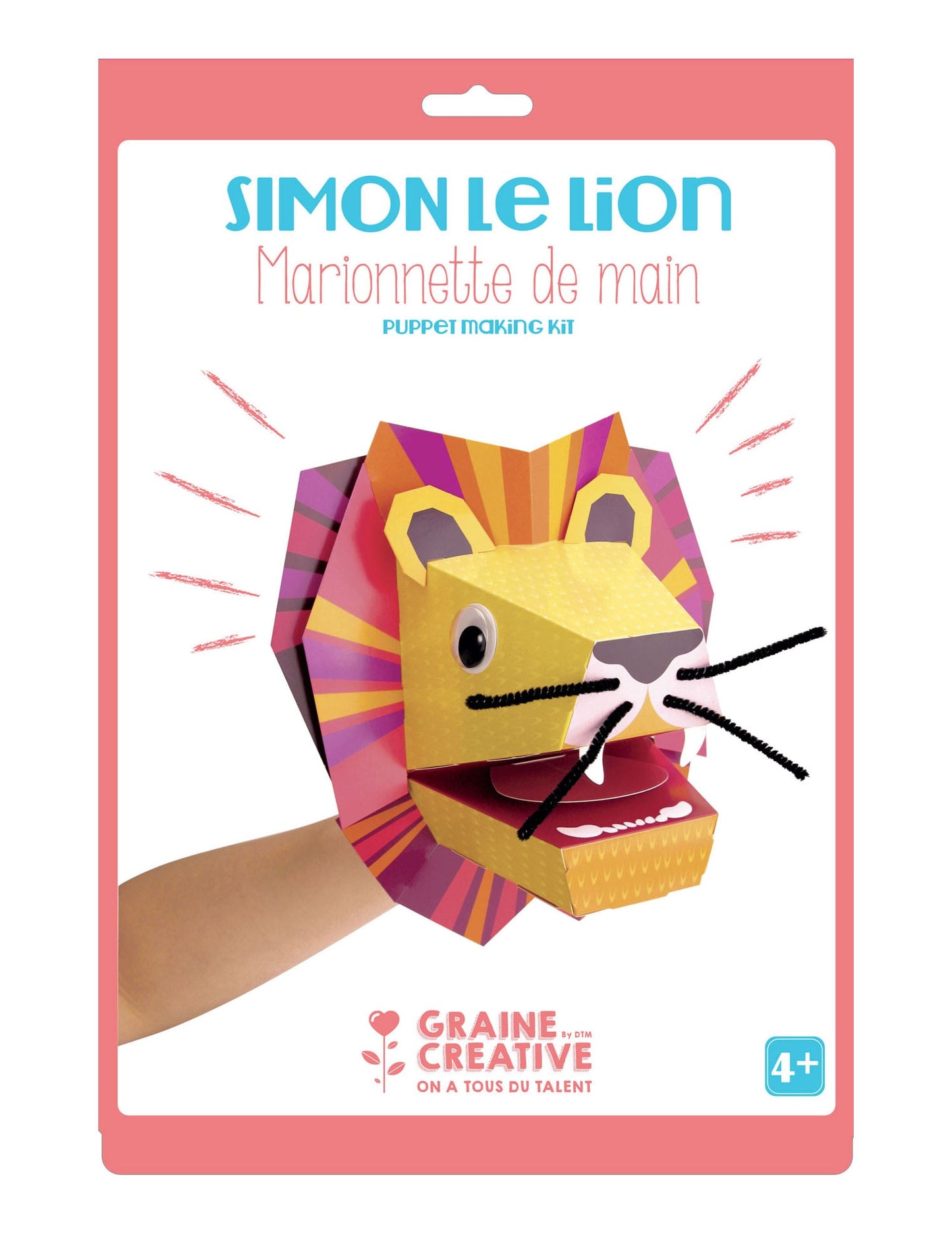 Marionnette de main en carton Simon le lion pour enfant jaune et orange kit à construire