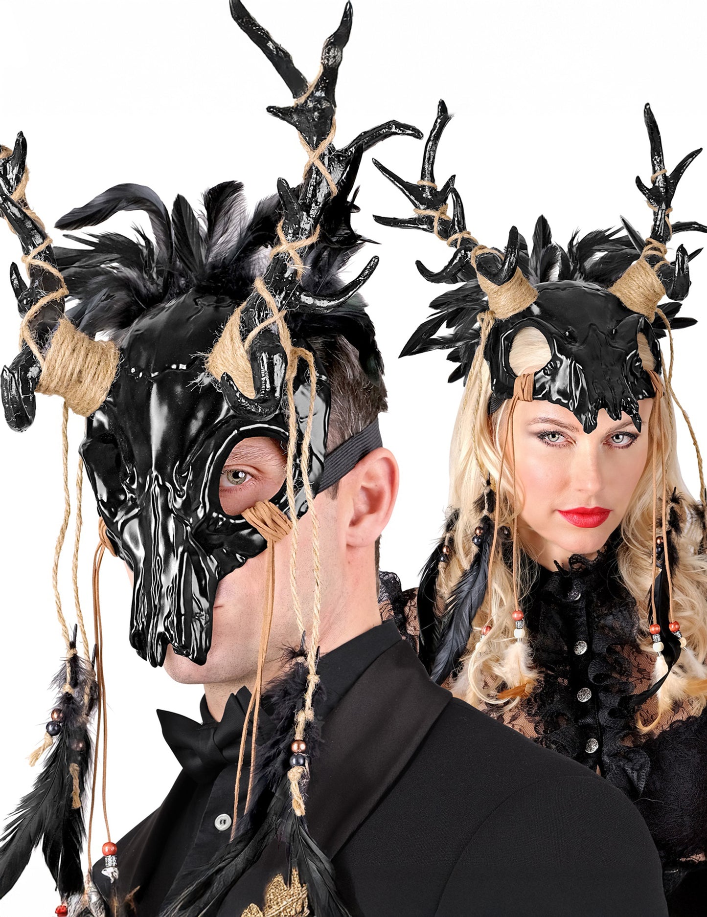 Mască de șaman Voodoo Black Adult cu pene