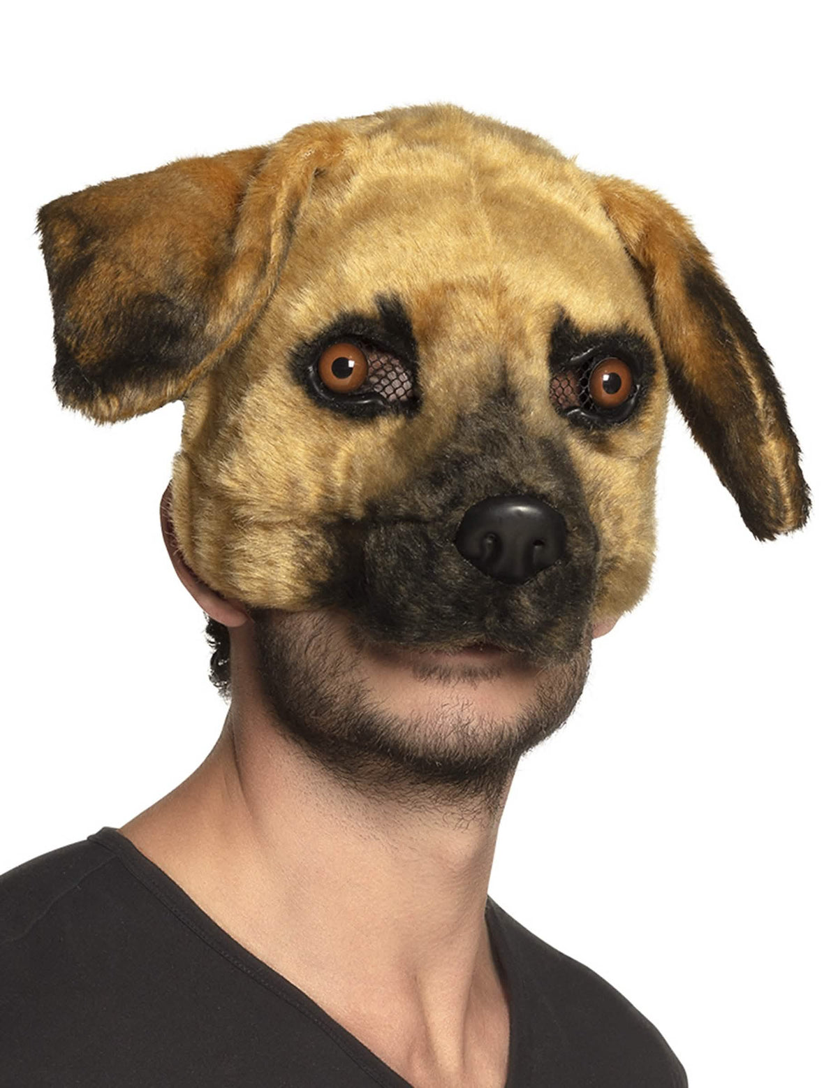 Masque chien peluche pour adulte beige et noir