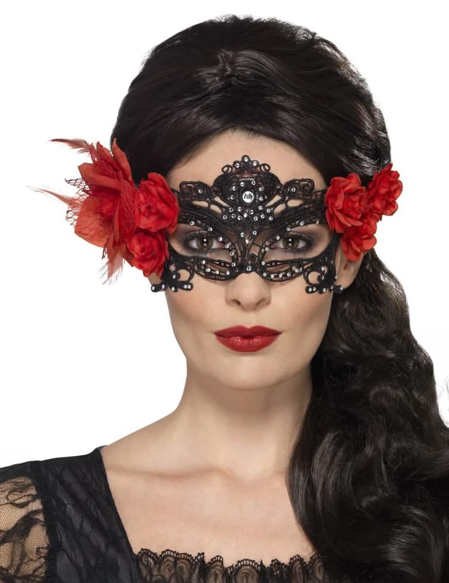 Mască din dantelă Dia de los Muertos pentru adult negru cu flori roșii și strasuri