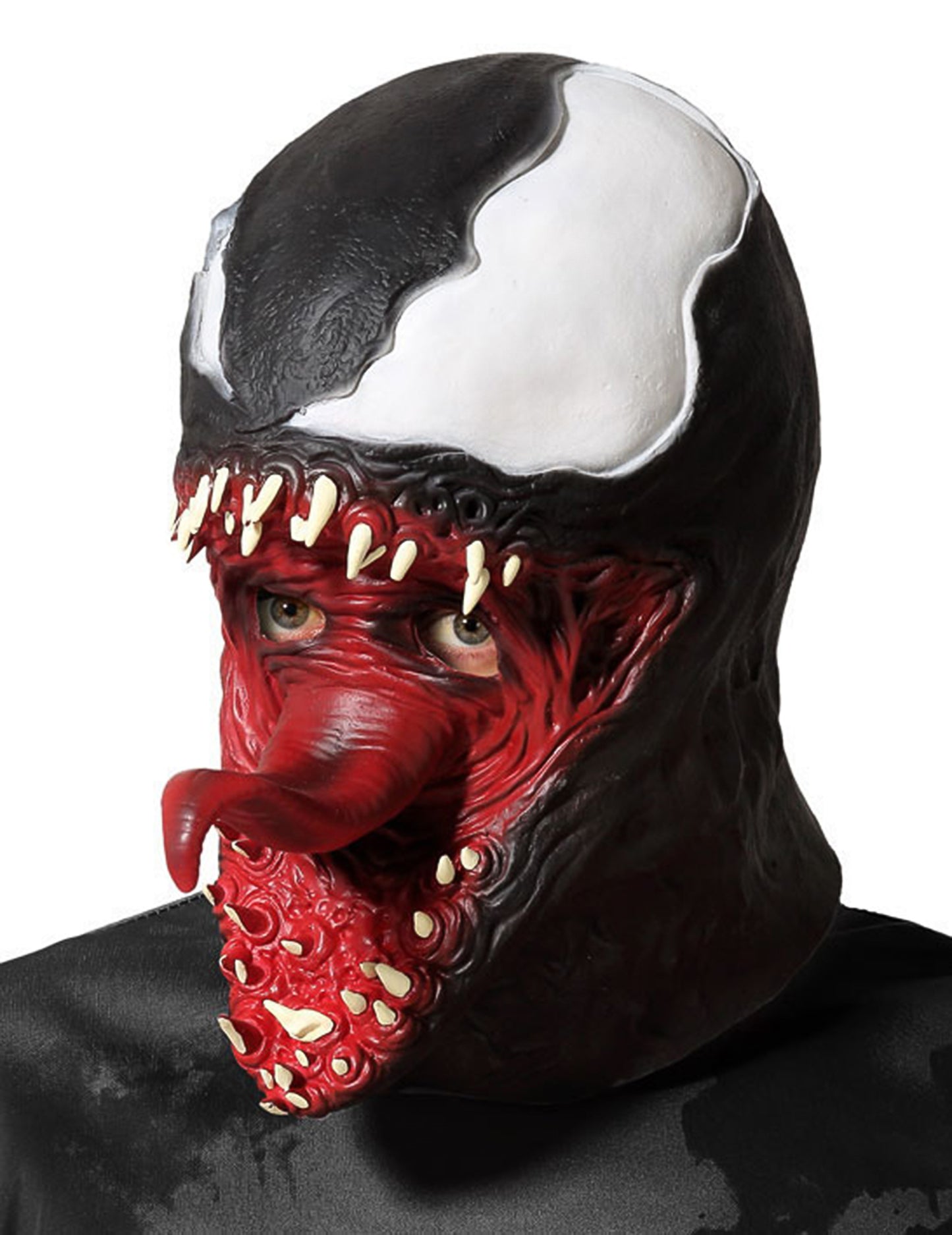 Masque latex symbiote pour adulte noir et blanc avec langue rouge et dents pointues