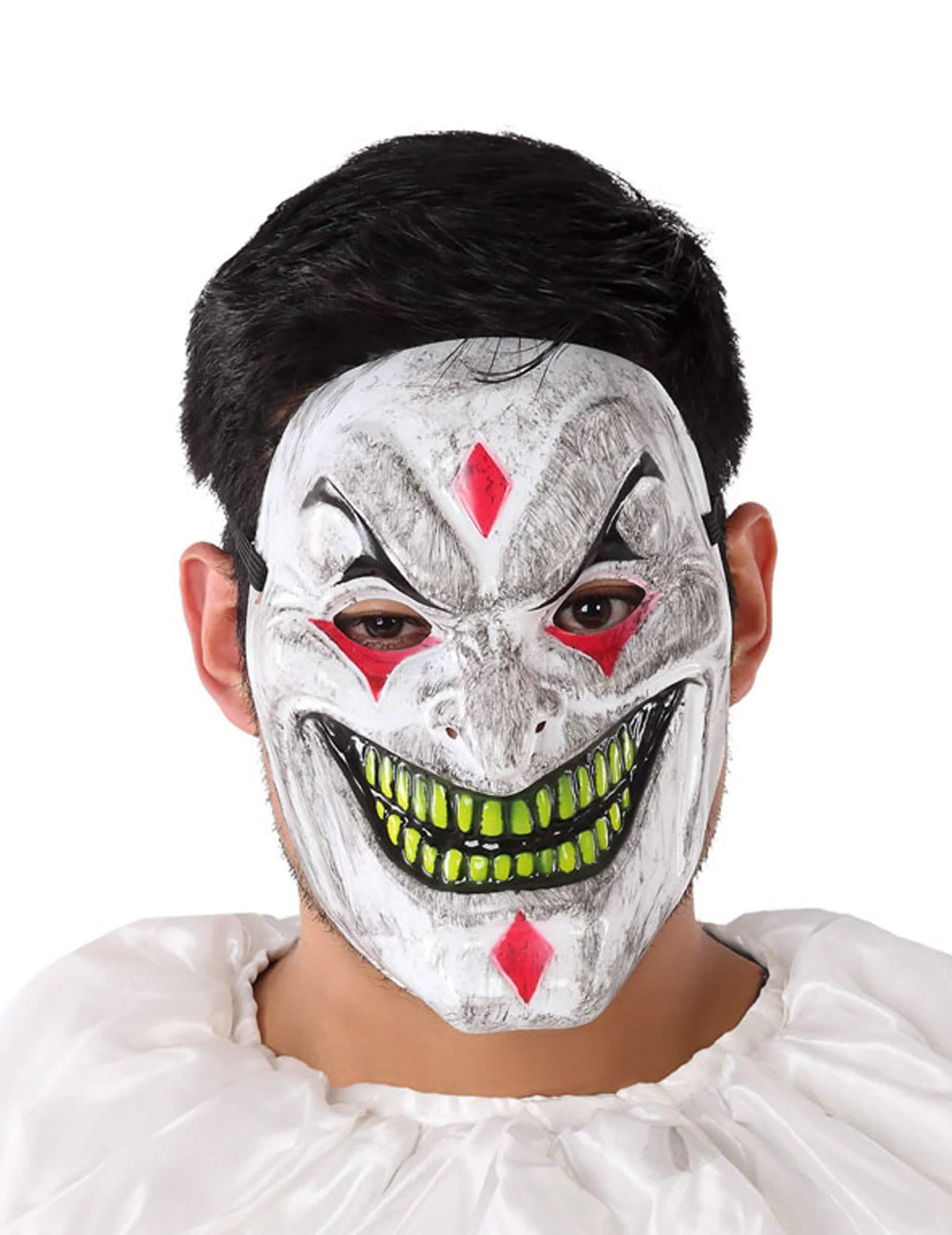 Mască PVC de clovn demonic pentru adult alb cu dinți verzi și romburi roșii
