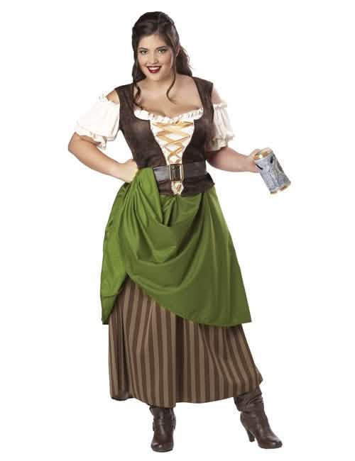 Costum de taverniță medievală cu corsaj pentru femeie maro și verde cu dungi