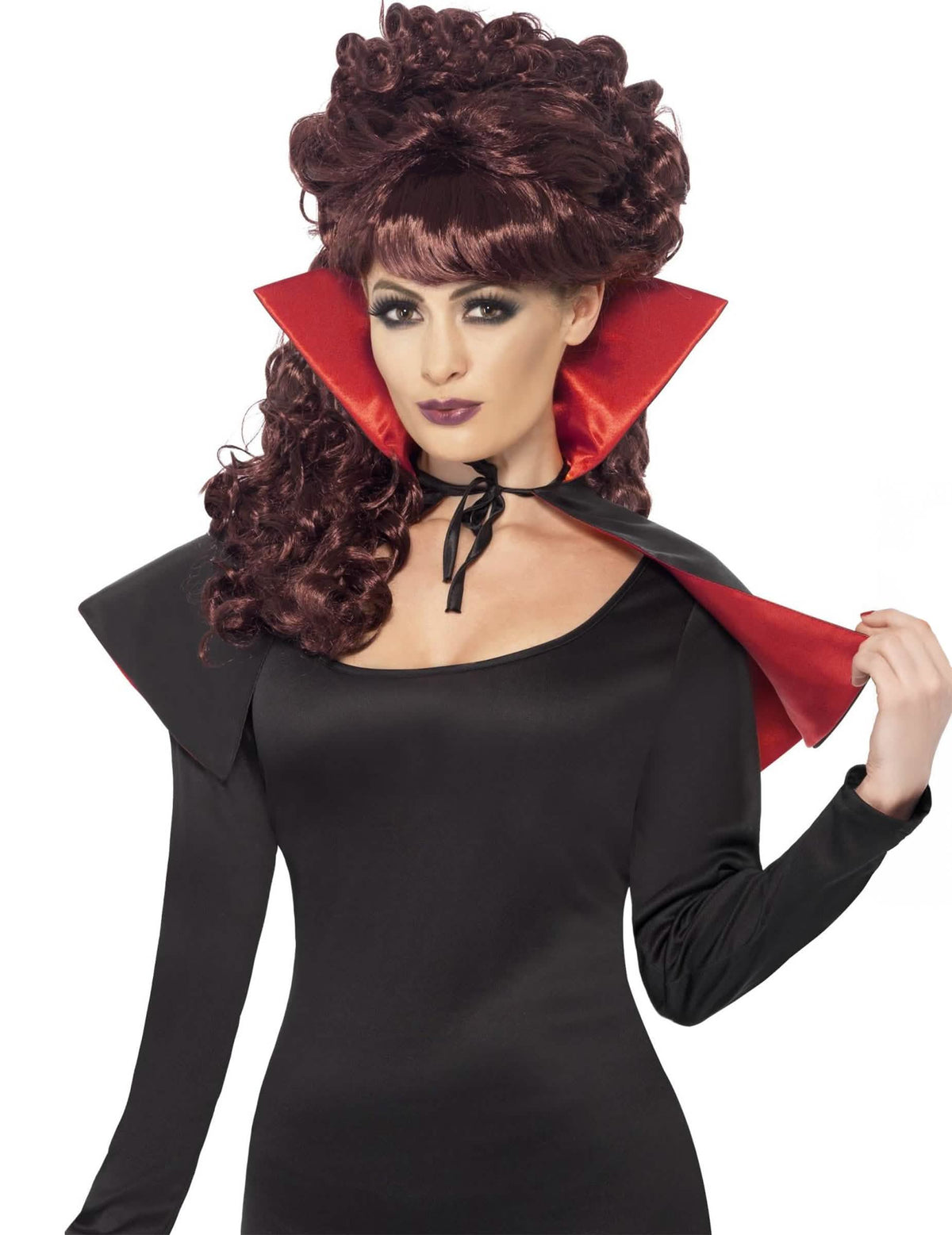 Mini pelerină vampir halloween pentru adult neagră cu guler roșu