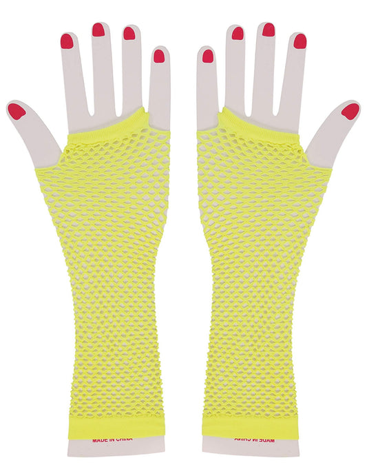 Vue de face des mitaines longues résille jaune fluo