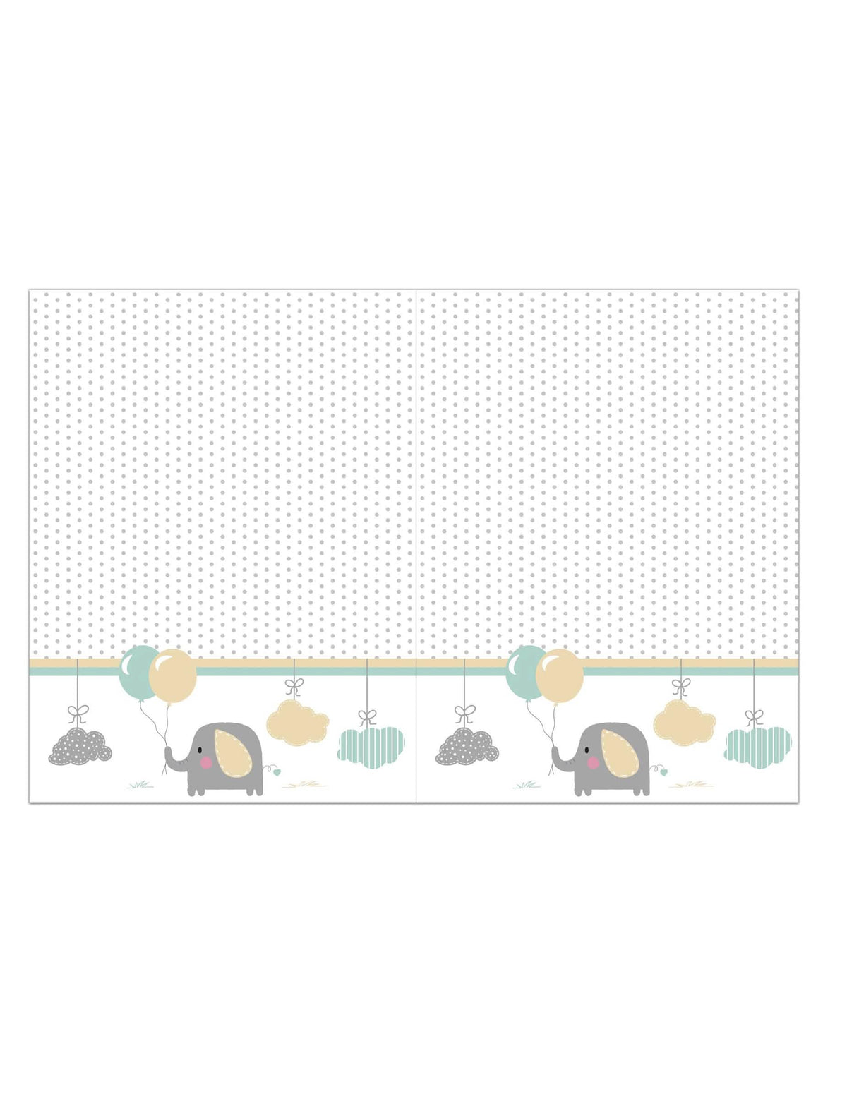 Față de masă din plastic cu bebeluș elefant pentru baby shower, albă cu buline gri și modele pastelate