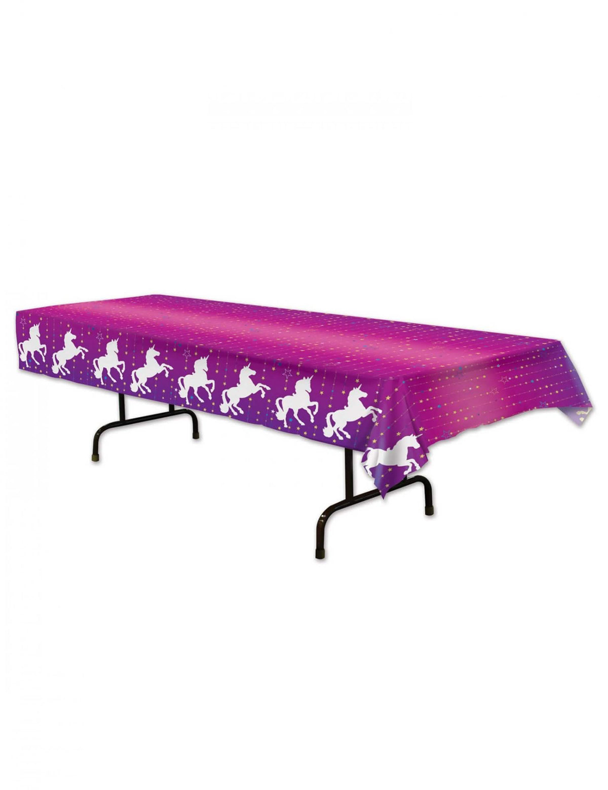 Față de masă din plastic cu unicorni pentru petrecere violetă, cu siluete albe