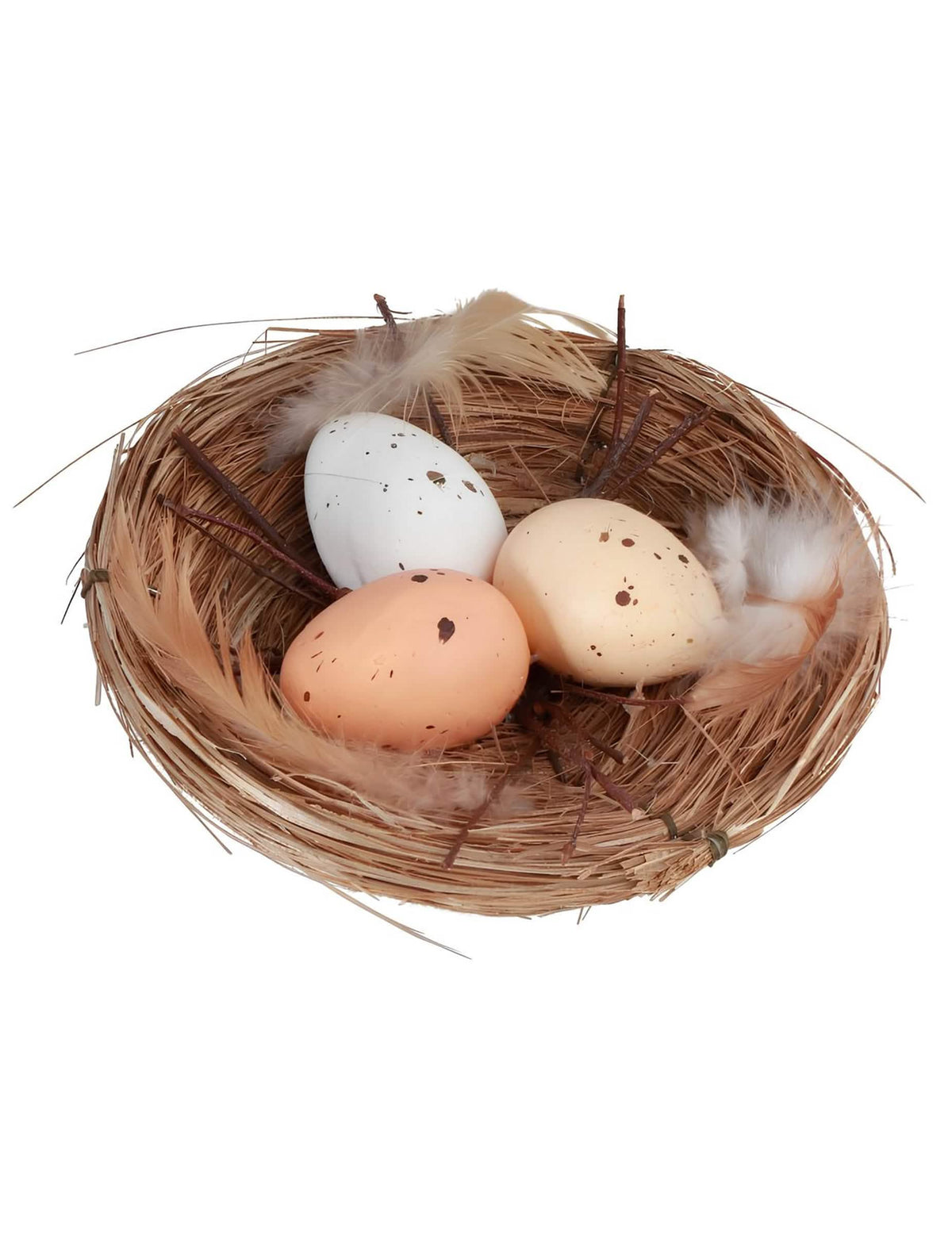 Cuib natural cu 3 ouă de paște pentru decor maro și bej cu pene