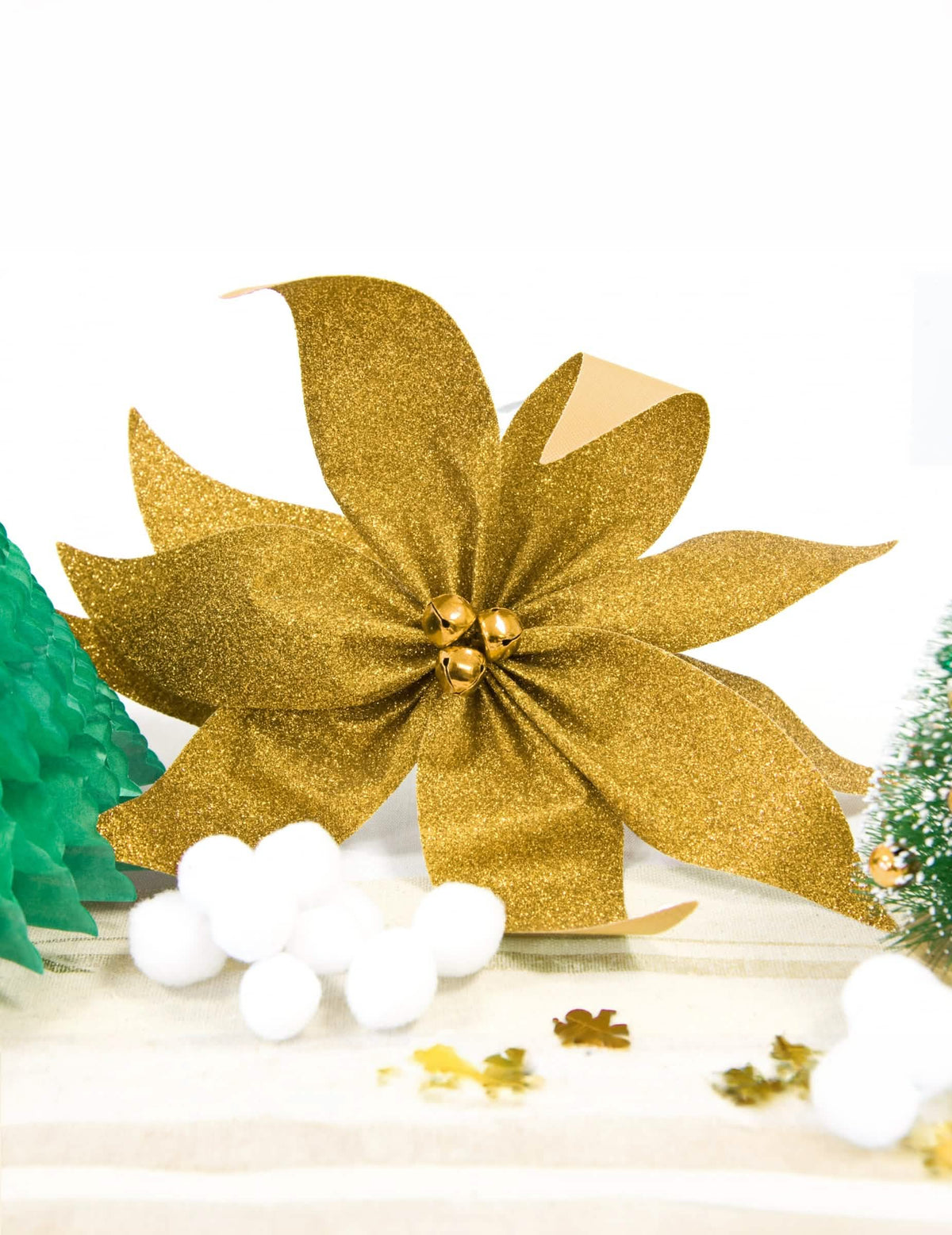 Fundă de poinsettia cu clopoței pentru masă auriu cu sclipici