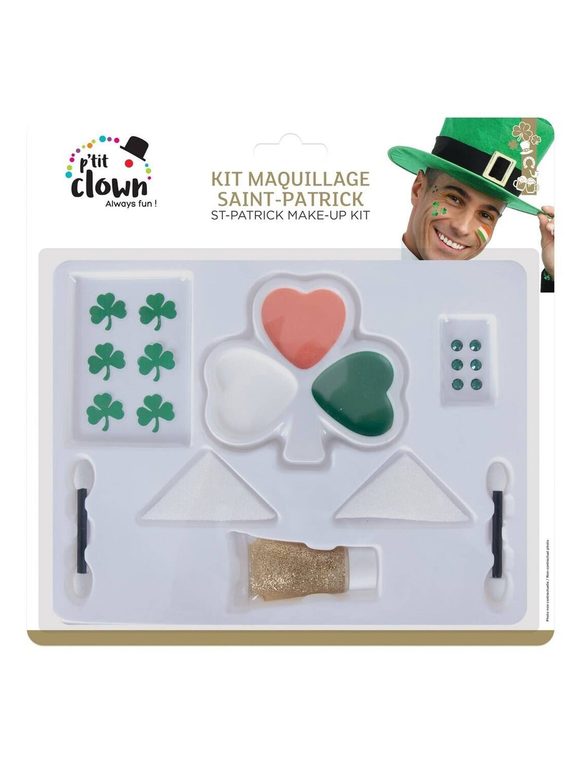 Palette de maquillage trèfle Saint Patrick pour adulte vert blanc orange avec paillettes turn