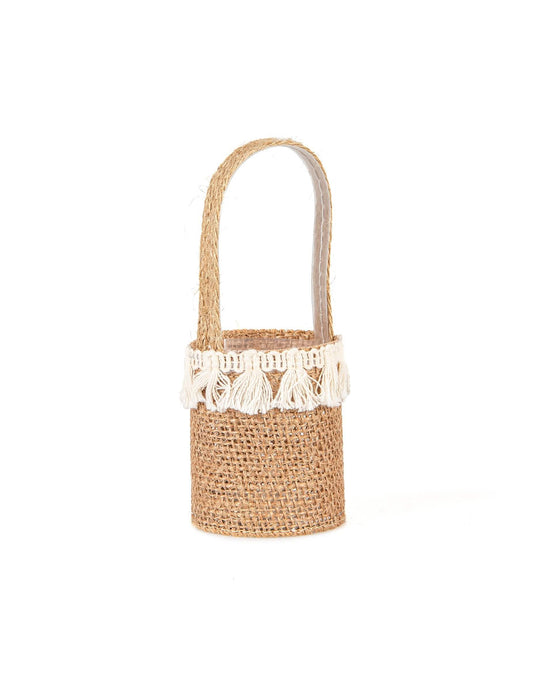 Vue de profil du panier en toile de jute champêtre