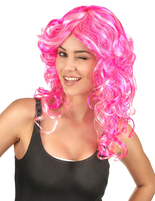 Vue de face de la perruque bouclée pour femme rose