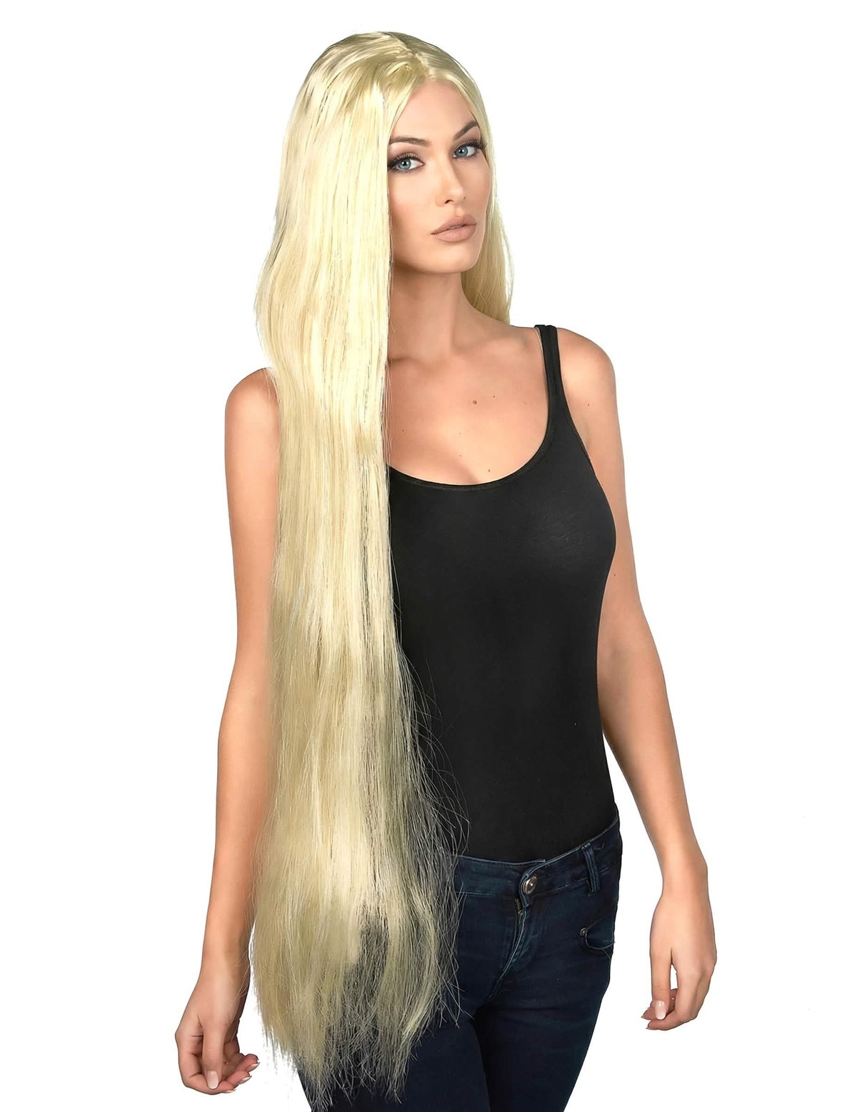 Vedere din trei sferturi a perucii lungi blonde pentru femeie
