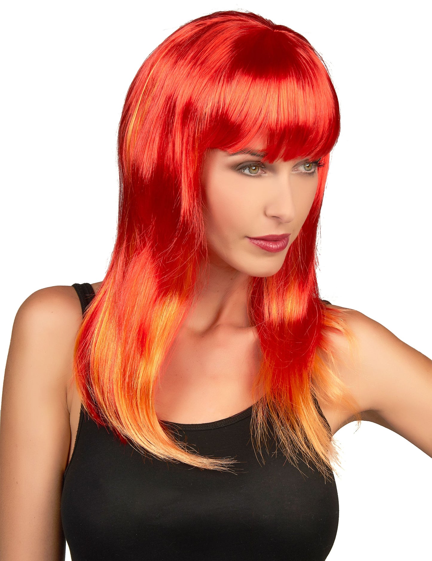 Perruque longue cheveux rouges pour femme avec mèches jaunes et orangées