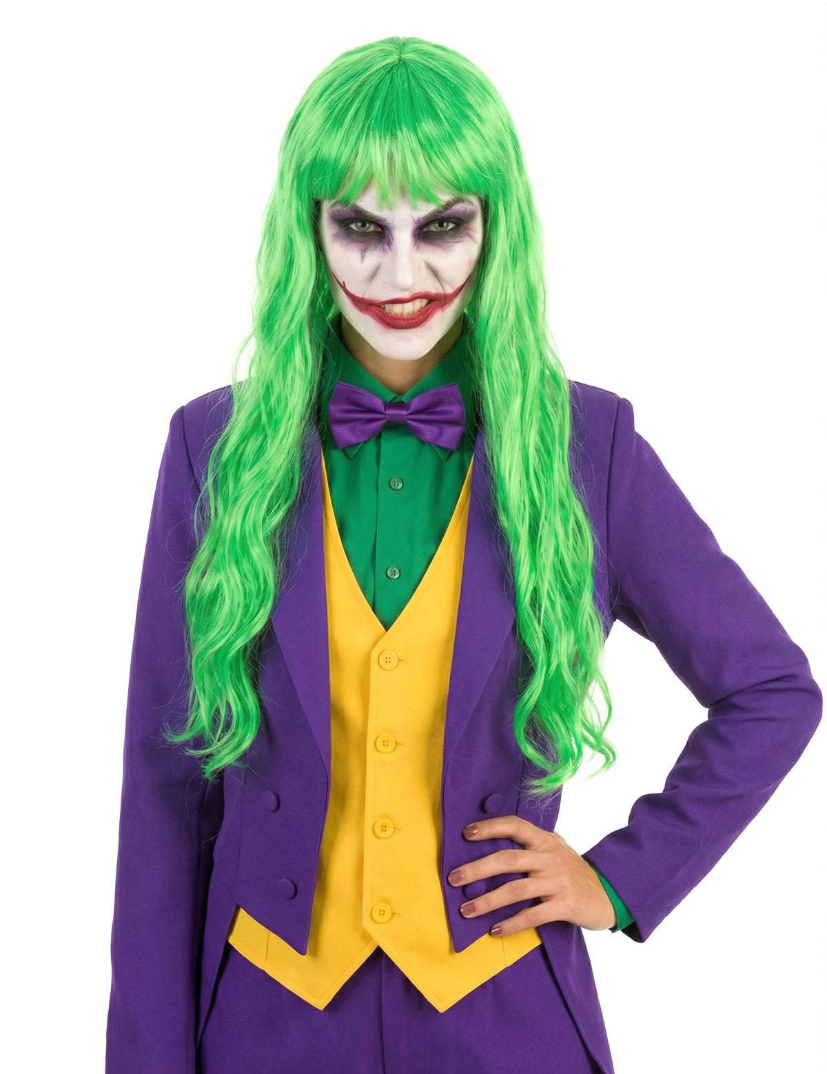 Vue de face de la perruque longue ondulée pour femme vert fluo avec frange