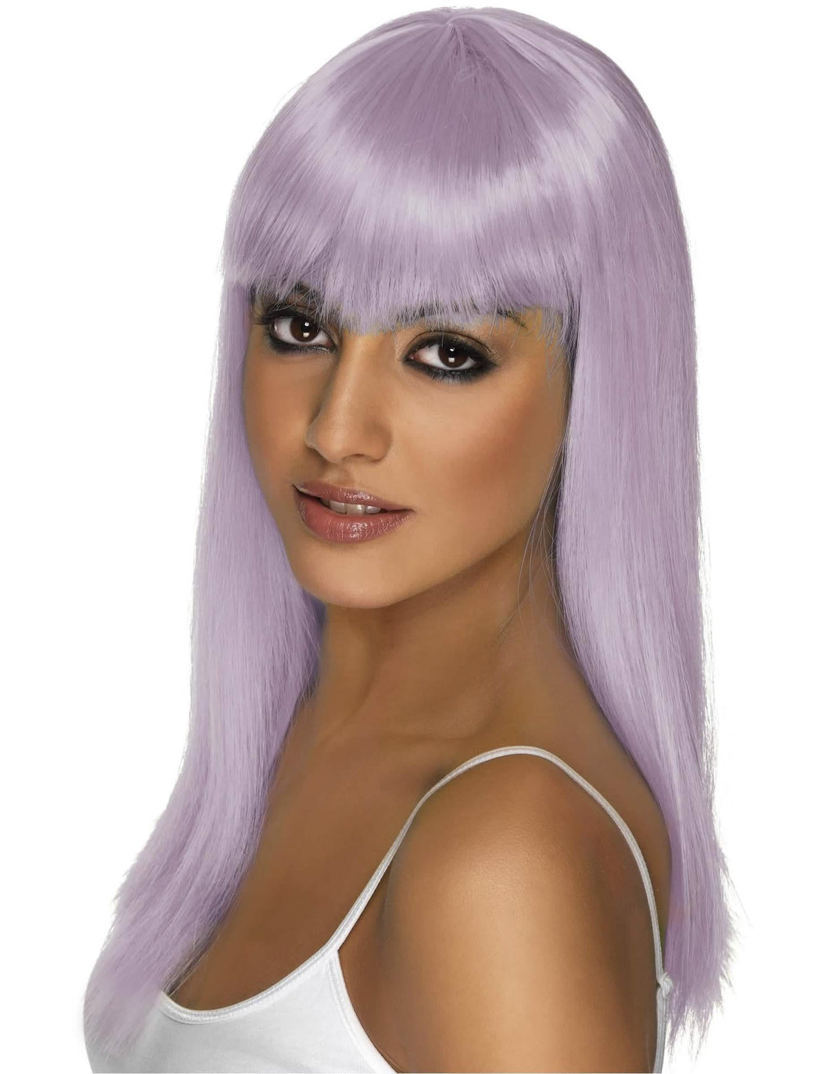 Vedere din profil a perucii lungi cu breton pentru femeie violetă