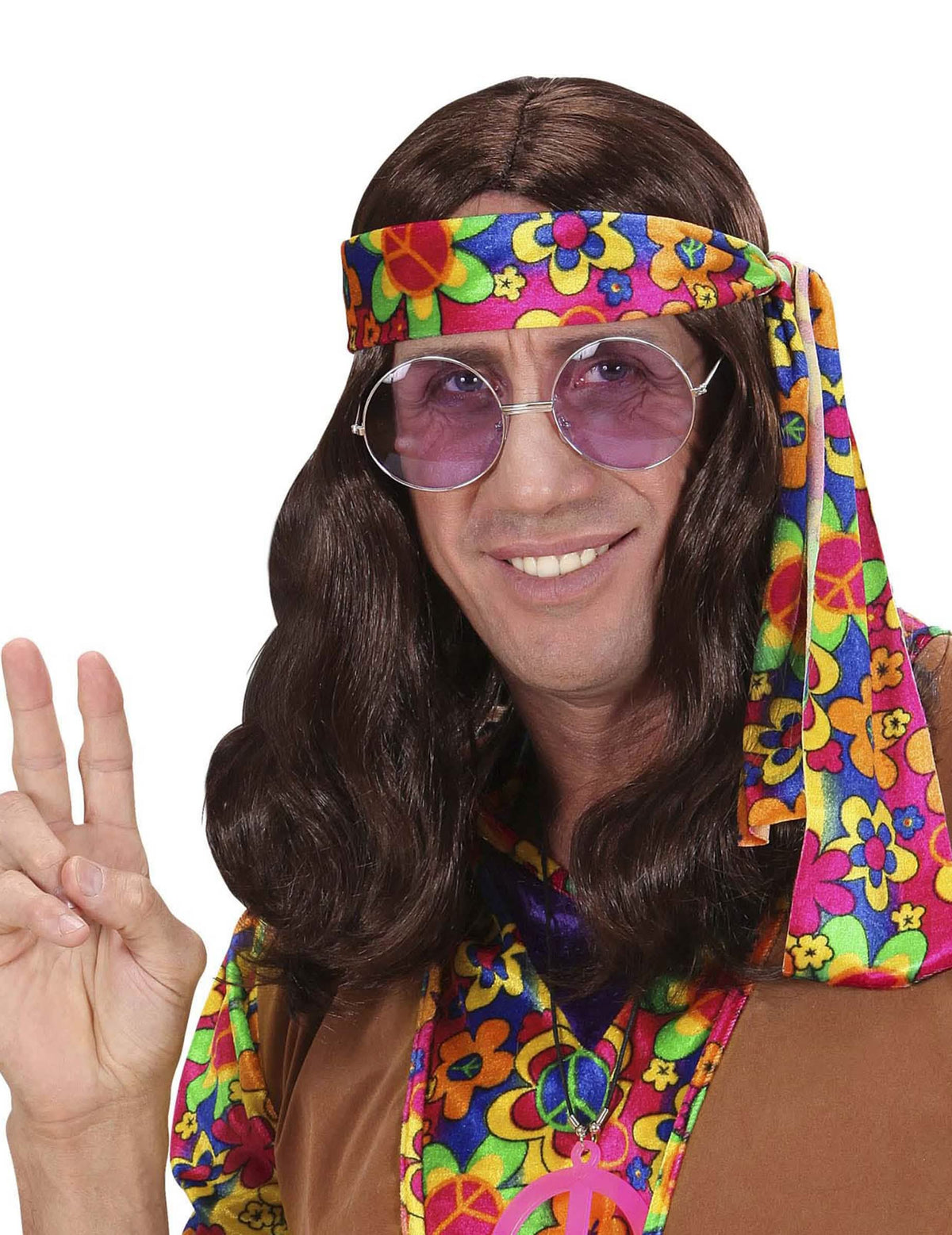 Perucă hippie pentru adult maro cu bandă de cap cu flori colorat