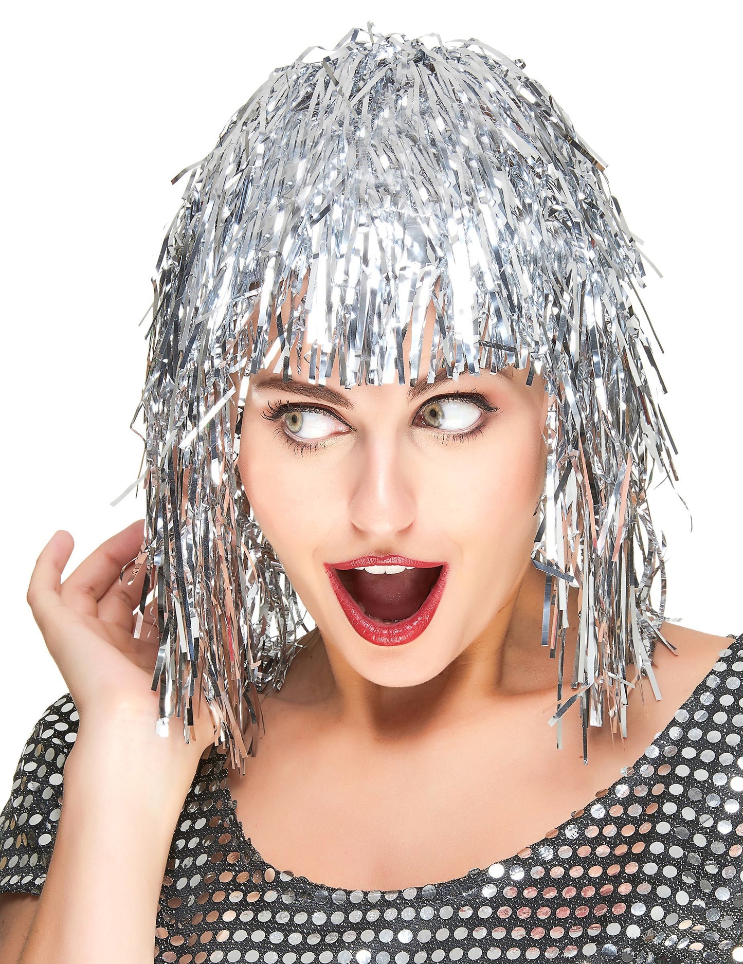 Peruca de metal argintiu cu breton pentru adulți