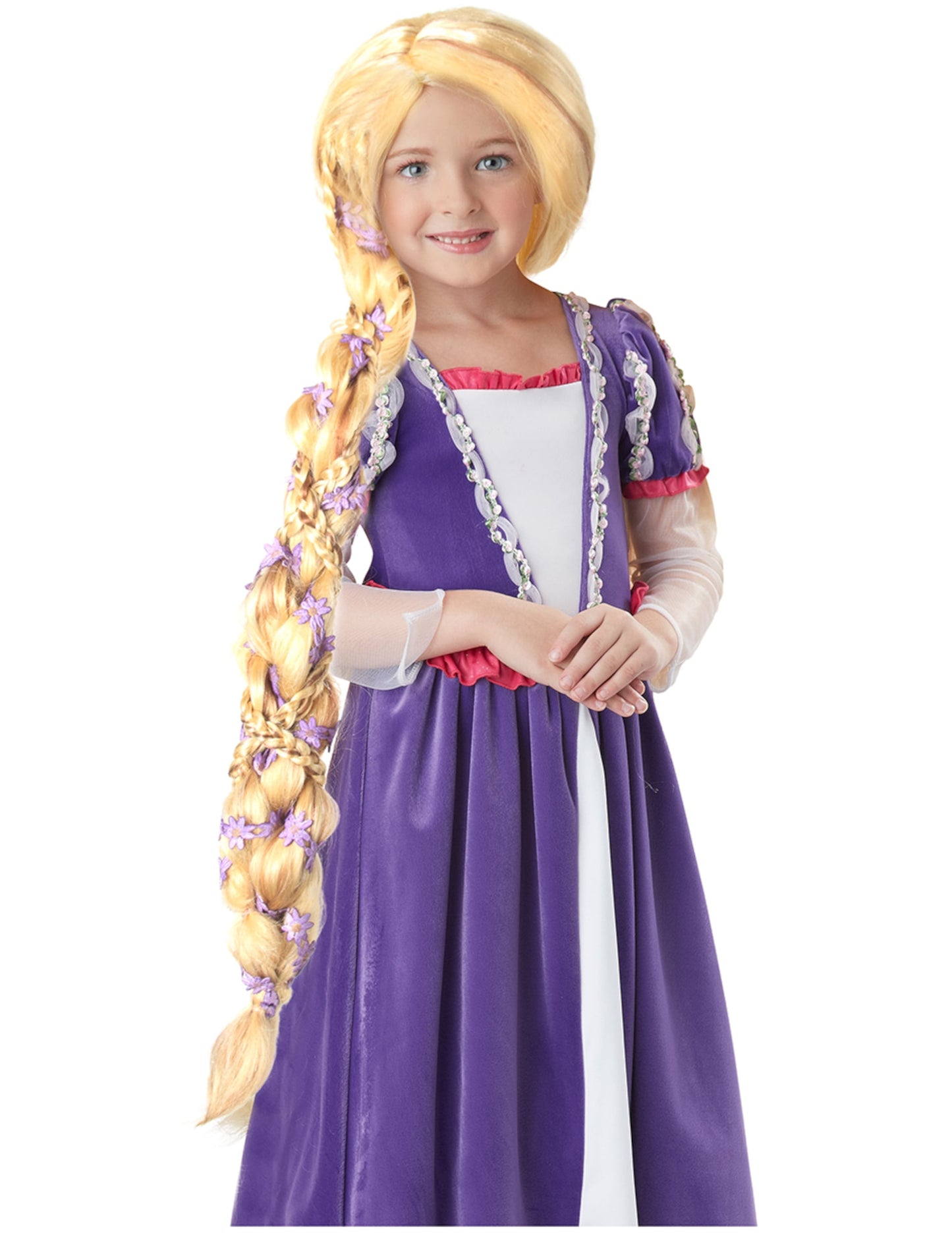 Perruque princesse longue tresse luxe pour fille blonde avec fleurs violettes