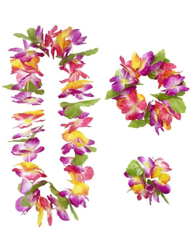 Colier, coroană și brățară din setul hawaii cu flori pentru adult