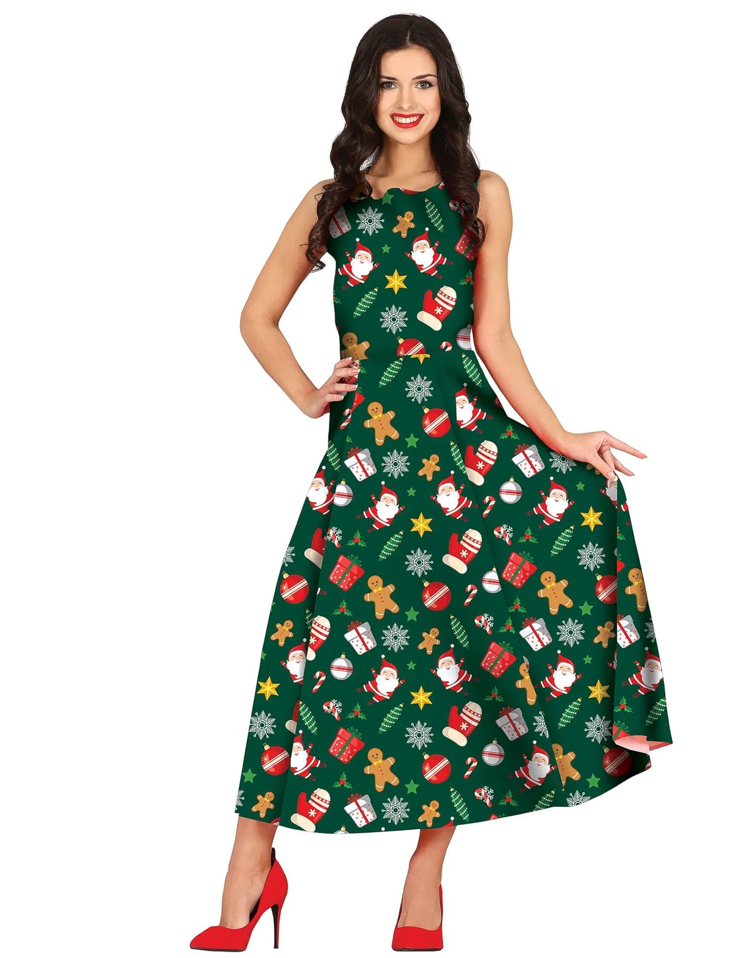Vue de face de la robe longue à motifs Noël pour femme