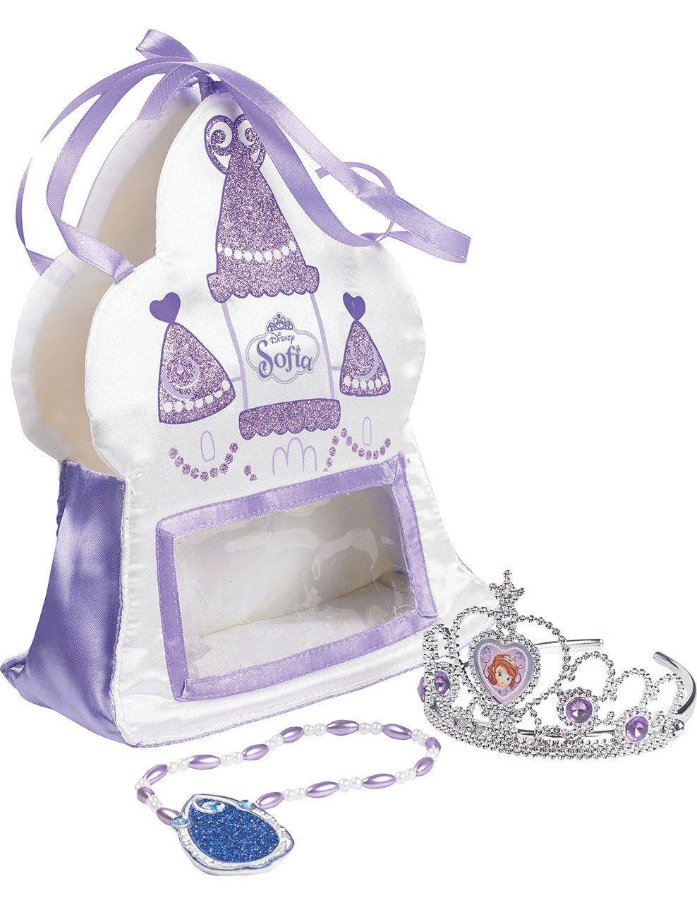 Sac de accesorii Prințesa Sofia pentru fetițe violet și alb cu tiara și colier