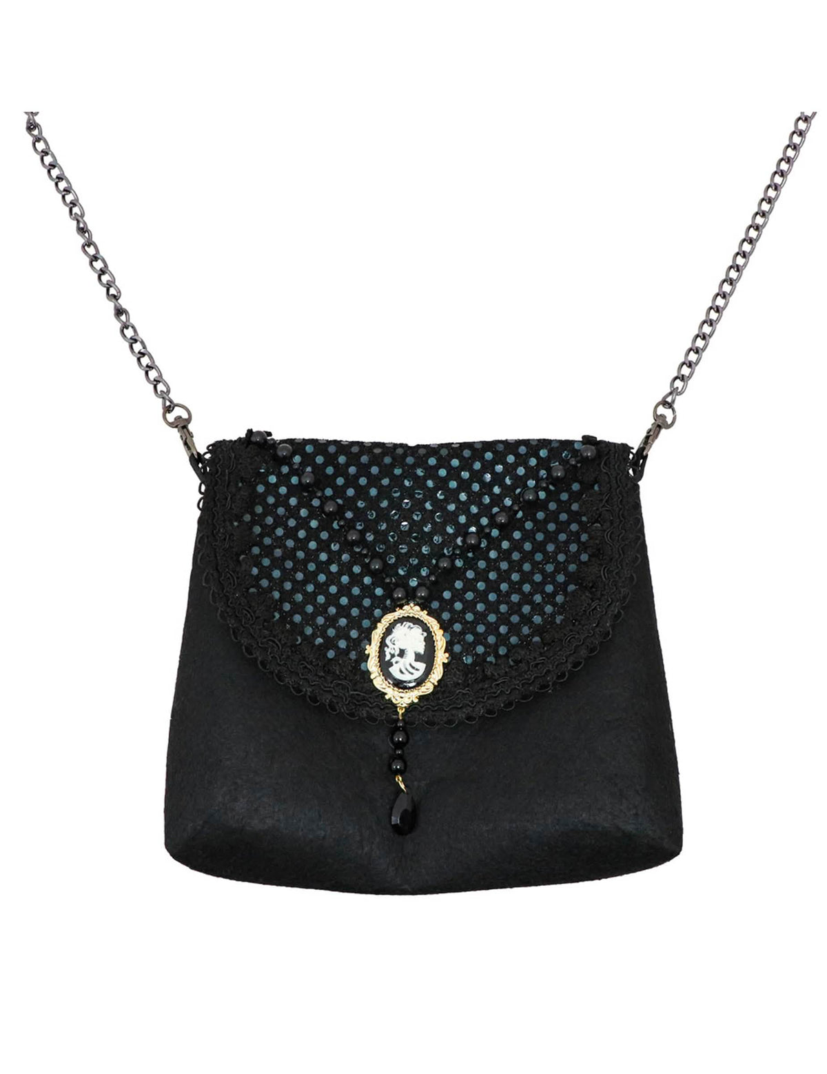 Sac gotic pentru femeie negru cu paiete și camee