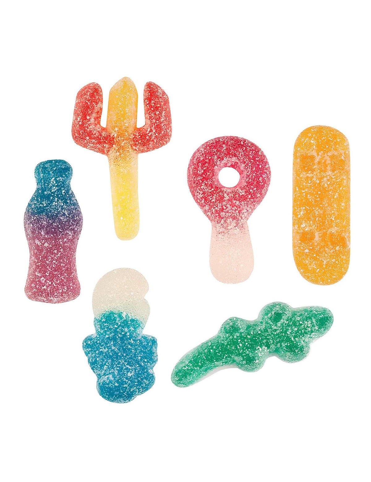 Prim-plan asupra diferitelor forme ale punguței cu bomboane Delir' Haribo