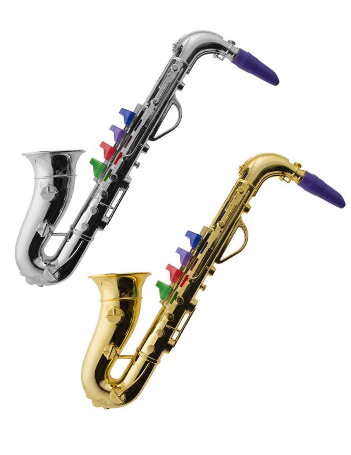 Saxophone pour déguisement doré et argenté avec touches colorées