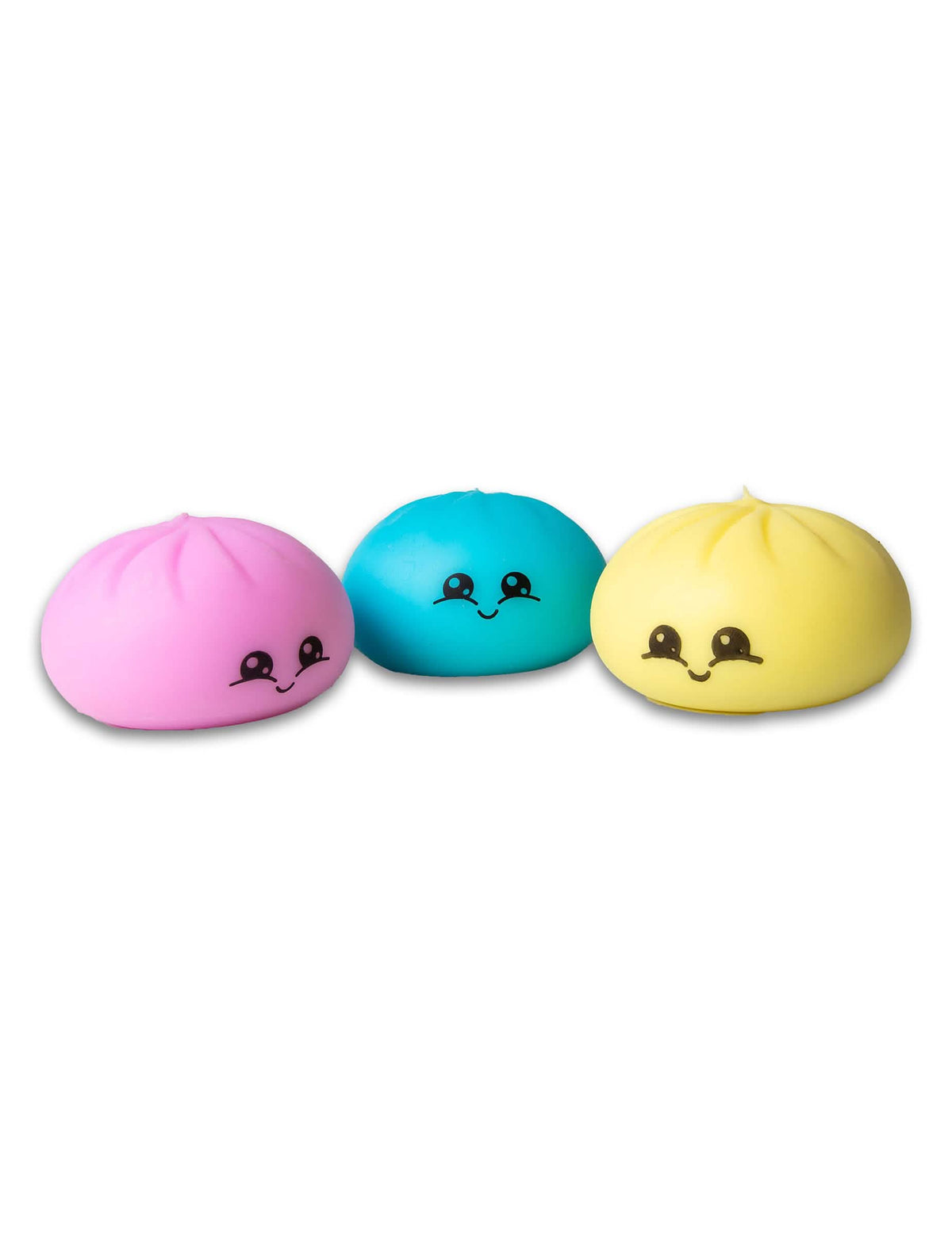 Vue d'ensemble des trois baos colorés de la balle anti stress Scrunchems Bao