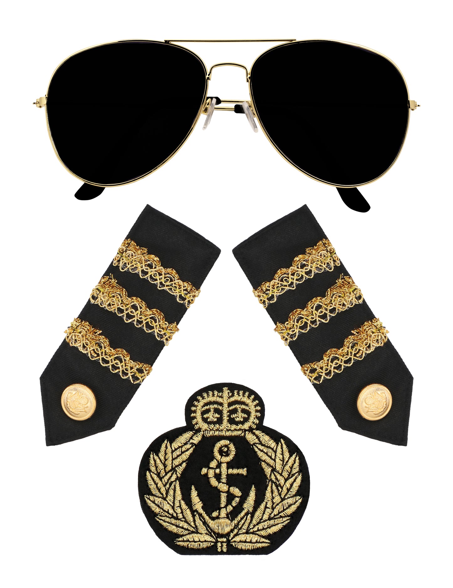 Vue d'ensemble des composants du set accessoires capitaine pour adulte