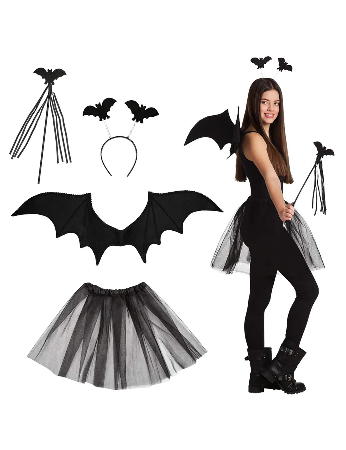 Set de liliac-negru pentru adult cu aripi, tutu, bentiță și baghetă