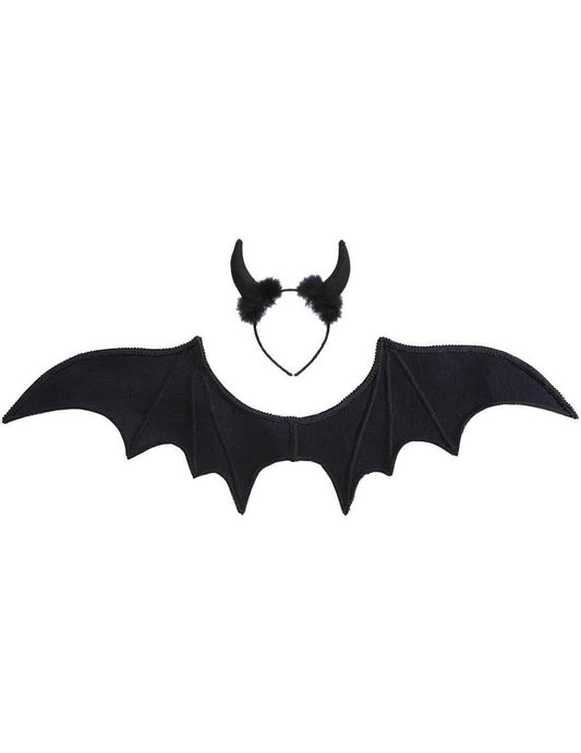 Vue des ailes et du serre-tête du set de démon Halloween pour femme